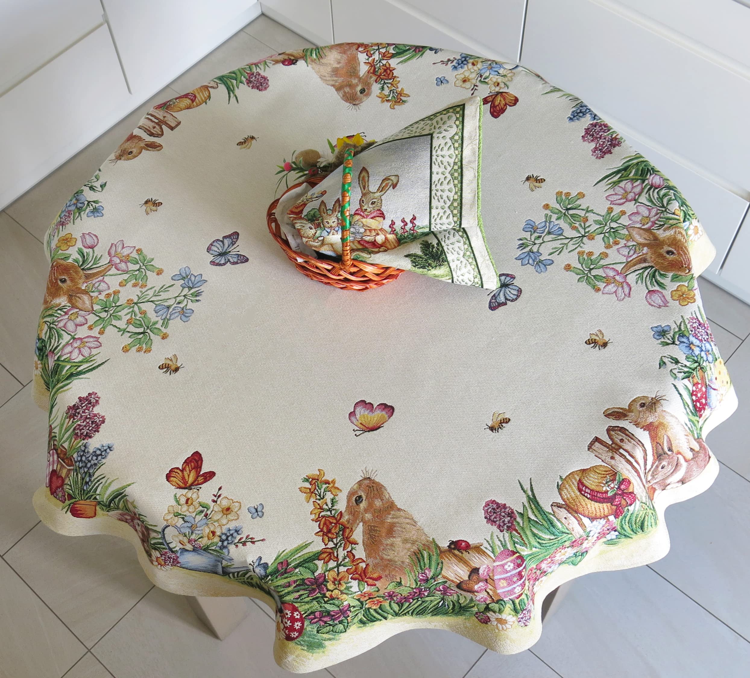 Easter Round Tablecloth 54 Inch - Floral Bunny Egg Design Fabric Table Cover for Holiday Dining, Party Decor, Spring Celebration