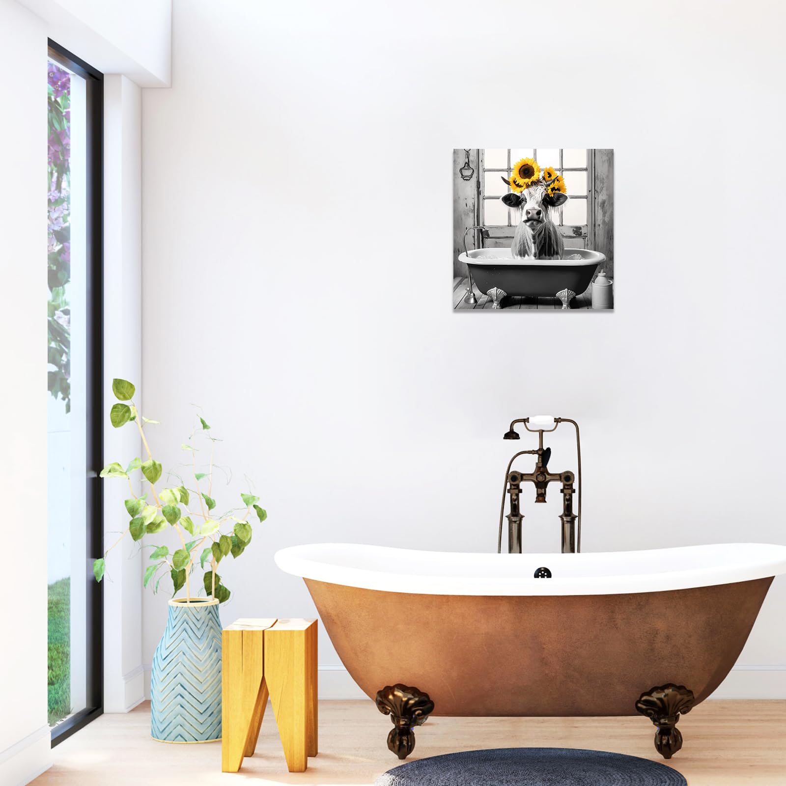 Funny Cow in Bathtub with Sunflowers Canvas Print - 12x12 Inch Framed Bathroom Wall Art Decor for Toilet, Farmhouse & Kids Room - Perfect Gift for Animal Lovers