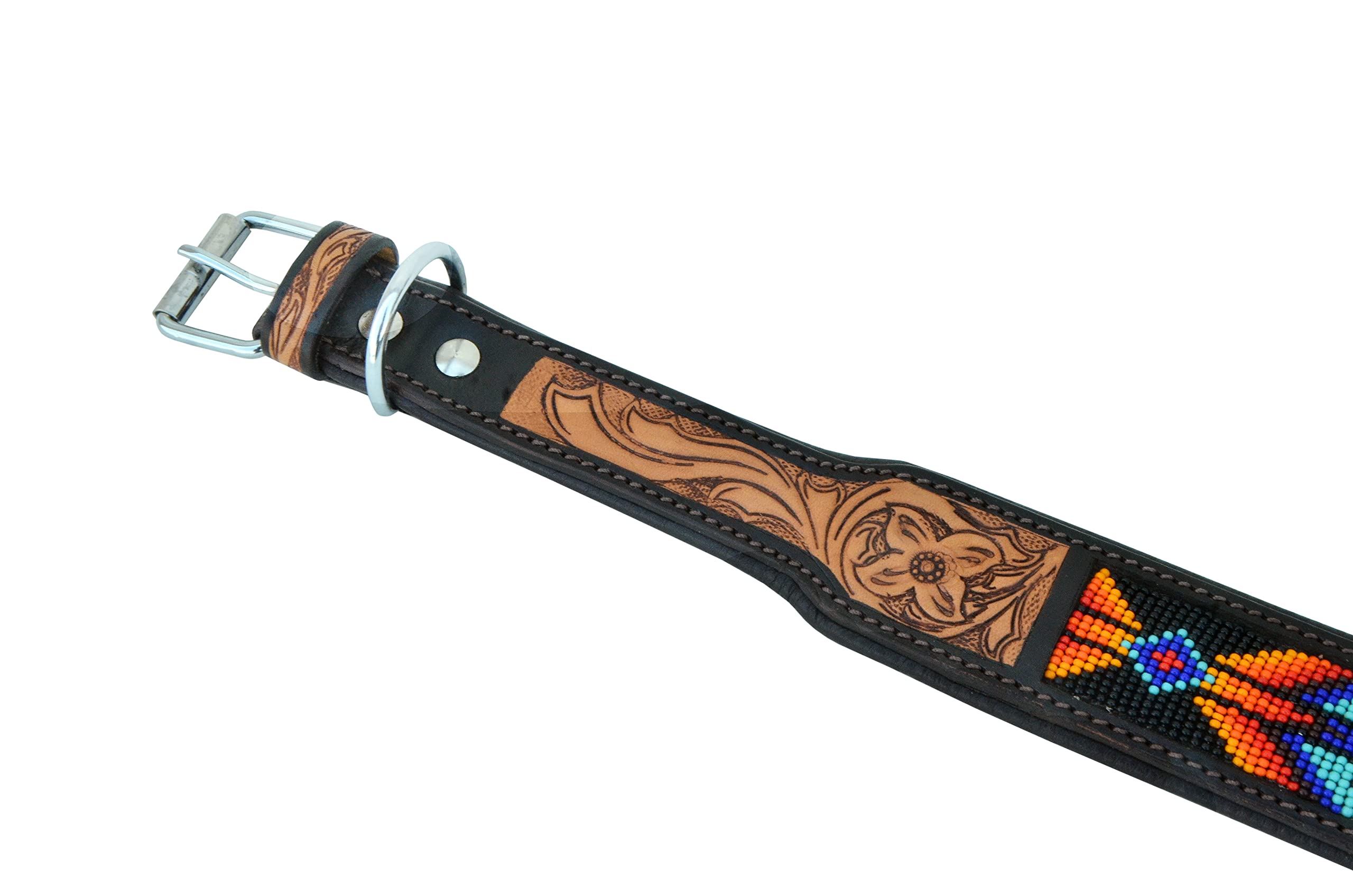 Western Style Leather Dog Collar - Heavy Duty Hand Tooled Adjustable Beaded Padded Soft Collar for Puppies & Large Dogs (10AB016) - Perfect for Training, Walks & Outdoor Adventures