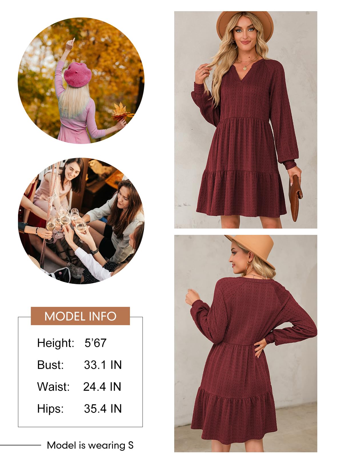 Dokotoo Women's Long Sleeve V-Neck Tiered Ruffle A-Line Mini Dress - Textured Casual Babydoll Swing Dress for Party, Date Night & Spring Outfits