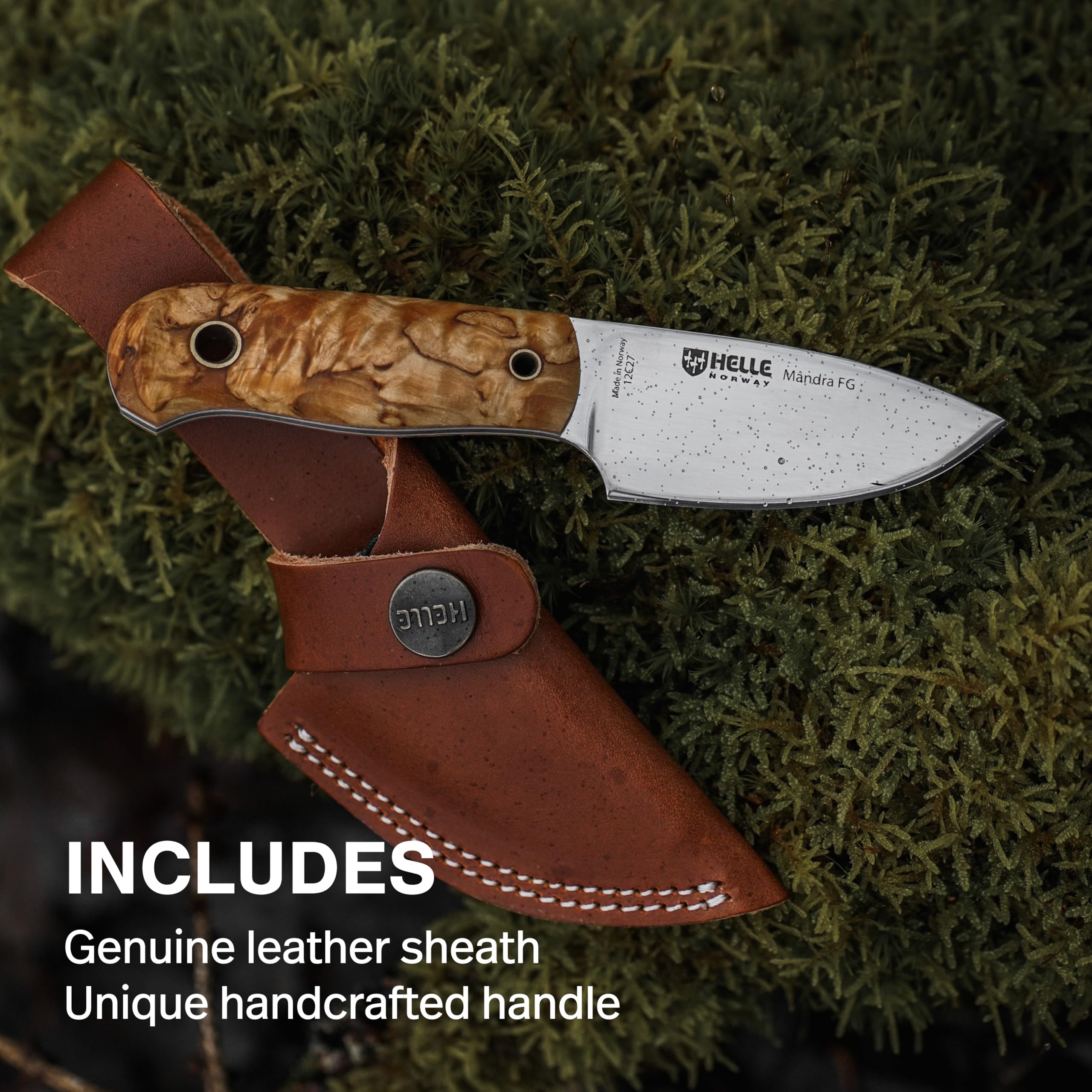 HELLE Knives - Mandra FG - Full Tang Stainless Steel Fixed Blade Hunting & Camping Knife with Sheath | Curly Birch & Vulcan Fiber Handle | Outdoor Survival, Bushcraft & Wilderness Adventures