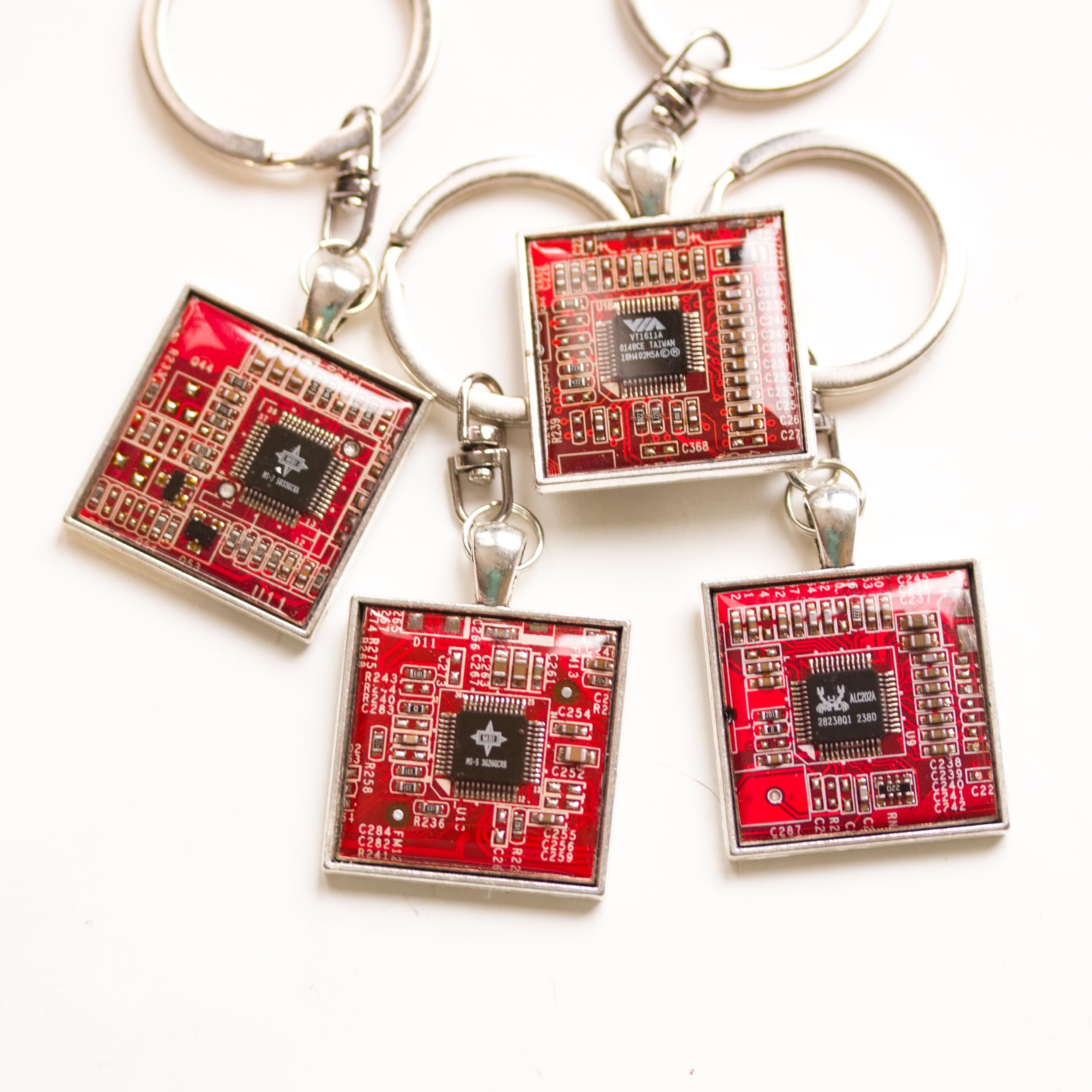 Eco-Friendly Recycled Circuit Board Keychain - Square Design (Red) | Unique Tech Gift for Engineers, Programmers & Electronics Enthusiasts | Perfect for Office Keys, Backpacks & Geek Accessories