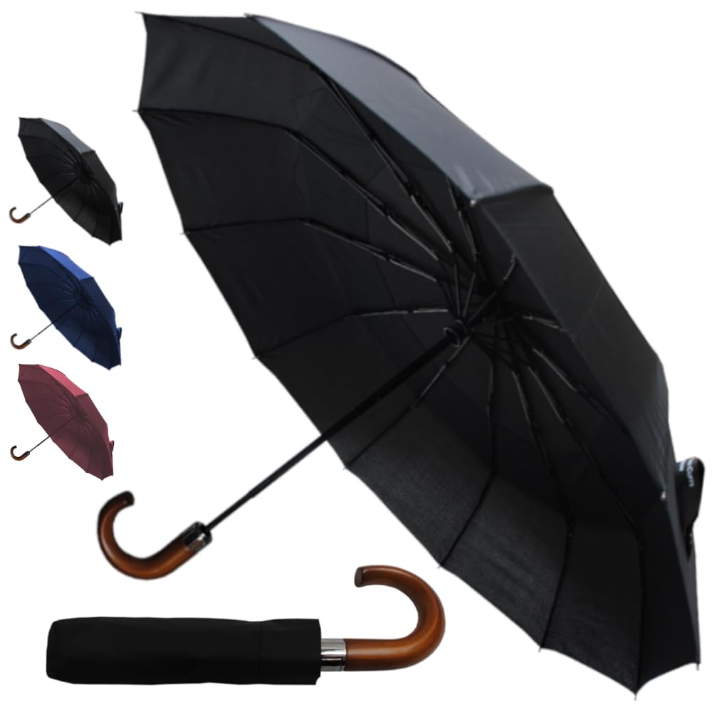Compact Windproof Umbrella for Rain - 50MPH Wind Resistant - Auto Open/Close - Fiberglass Frame with Vented Canopy - Wooden Hook Handle - Perfect for Travel, Backpack & Everyday Use