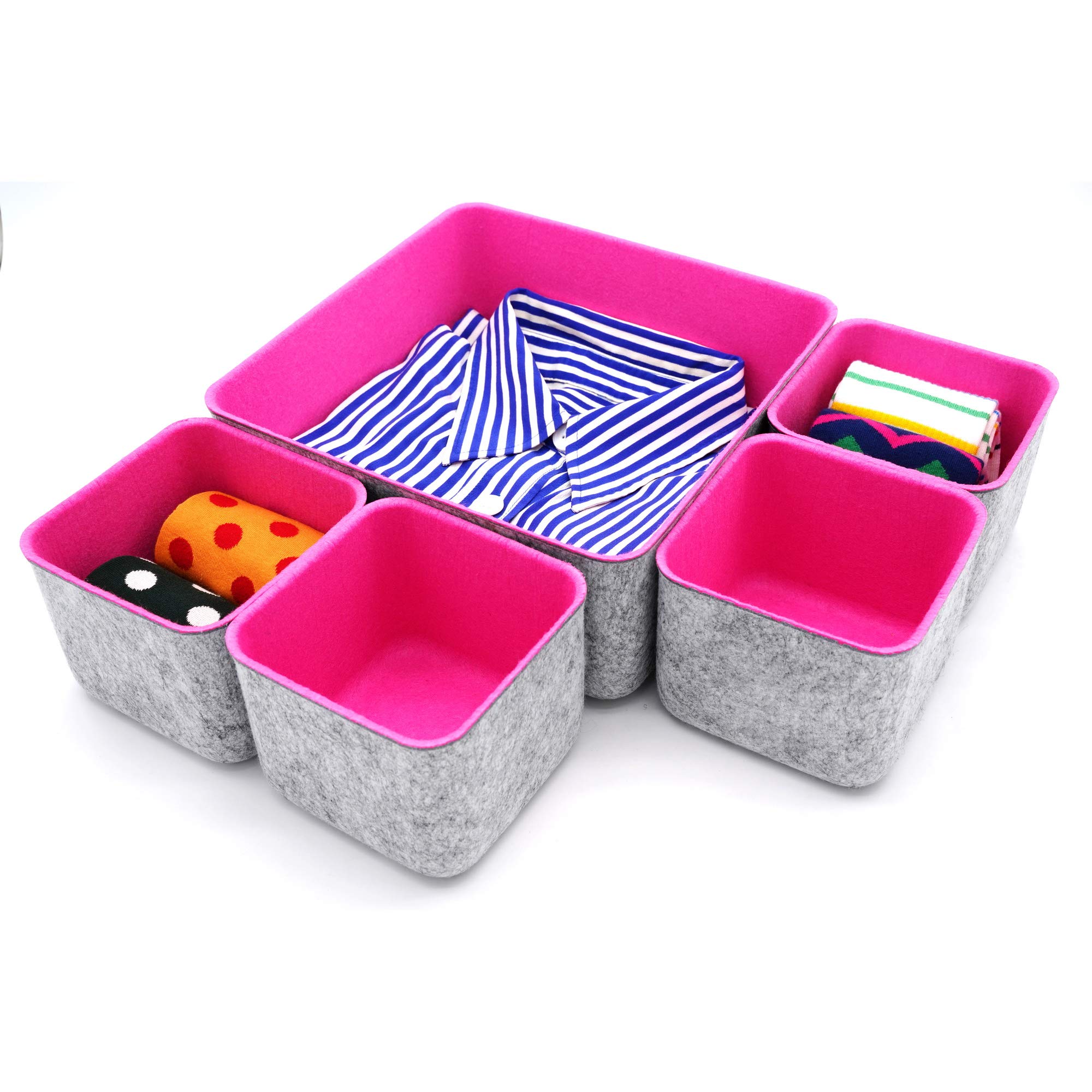 Welaxy 5-Pack Desk Organizer Storage Bins Set - Office Drawer Organizers for Home, Closet, Cabinet | Makeup & Cosmetic Storage | Socks & Soft Items Organizer Boxes (Hot Pink) - Perfect for Bedroom, Bathroom & Office Organization