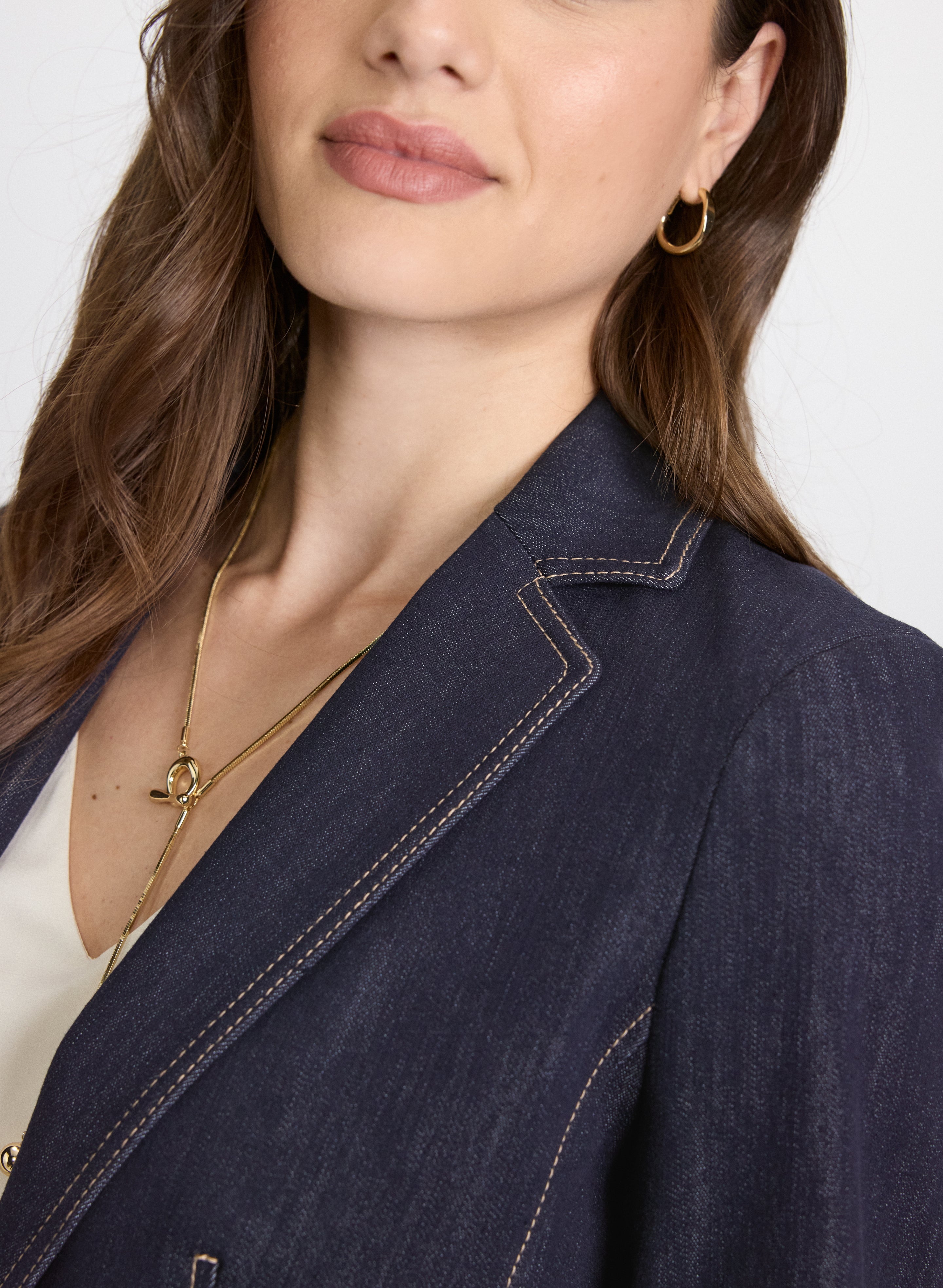 Stylish Contrast Stitch Denim Blazer for Women - Trendy Casual & Office Wear - Perfect for Work, Dates & Night Out