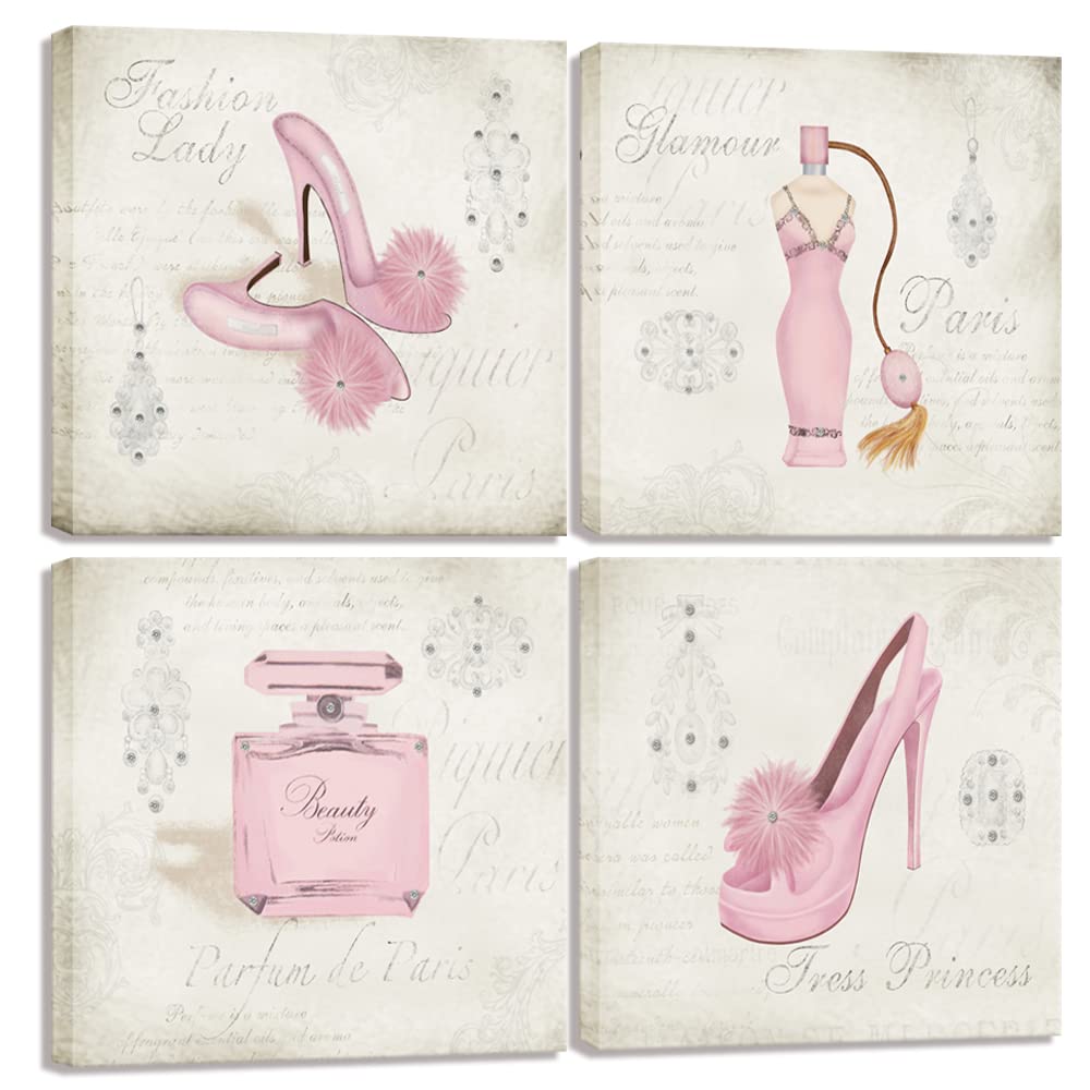 Vintage Fashion Poster Canvas Wall Art - Retro Beige & Pink High Heel Shoes Perfume Giclee Print for Women, Girls Bedroom, Bathroom, Beauty Salon Decor - Elegant Wall Decoration Gift for Home & Office