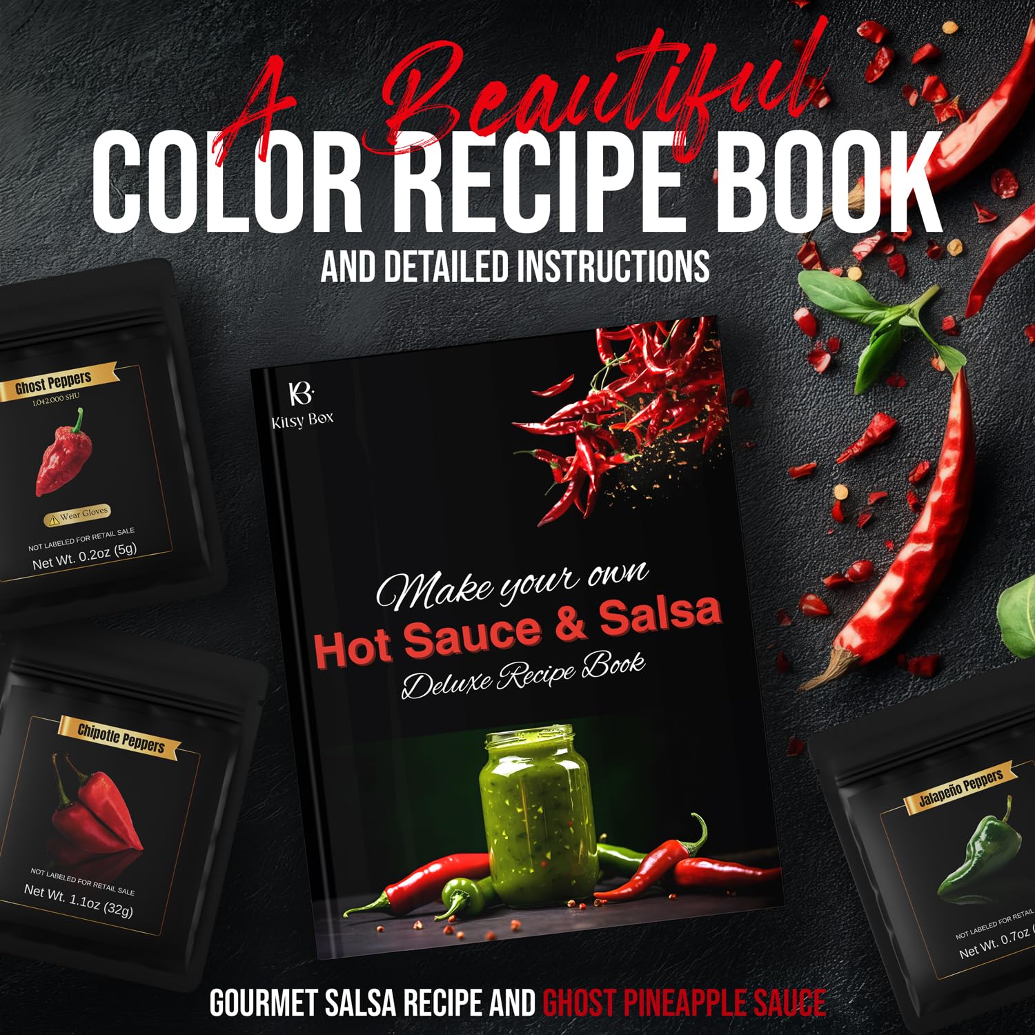 DIY Hot Sauce Making Kit - Premium Gourmet Set with 5 Peppers (Carolina Reaper, Ghost, Habanero, Chipotle, Jalapeno) | Includes Ingredients & Recipe Book | Perfect Gift for Hot Sauce Lovers | Home Cooking & Spicy Food Enthusiasts