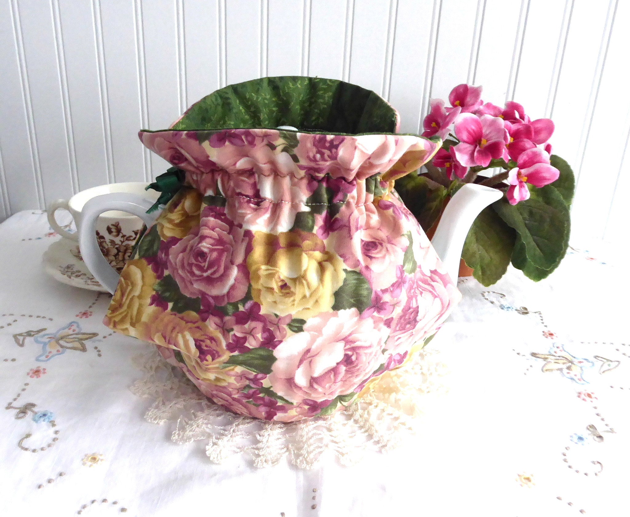 Reversible Tea Cozy with Lush Roses - Padded Pink, Yellow & Green Lining - Handmade in USA | Perfect for Tea Parties & Cozy Afternoons