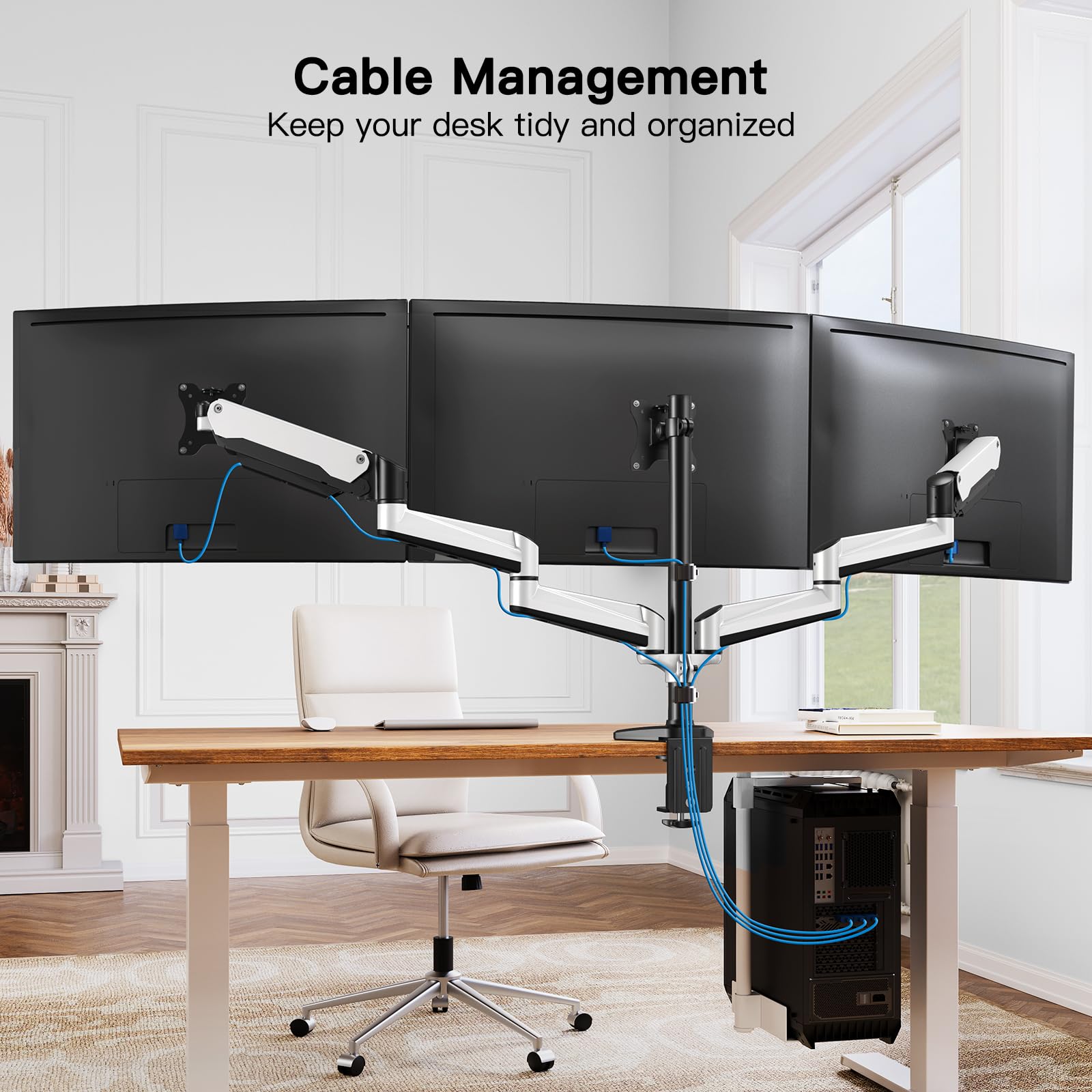 HUANUO Triple Monitor Stand - Adjustable Full Motion Gas Spring Mount for 3 Monitors 17-32 inches, Heavy Duty Clamp & Grommet Kit - Perfect for Gaming, Office Work & Multi-Tasking Setup