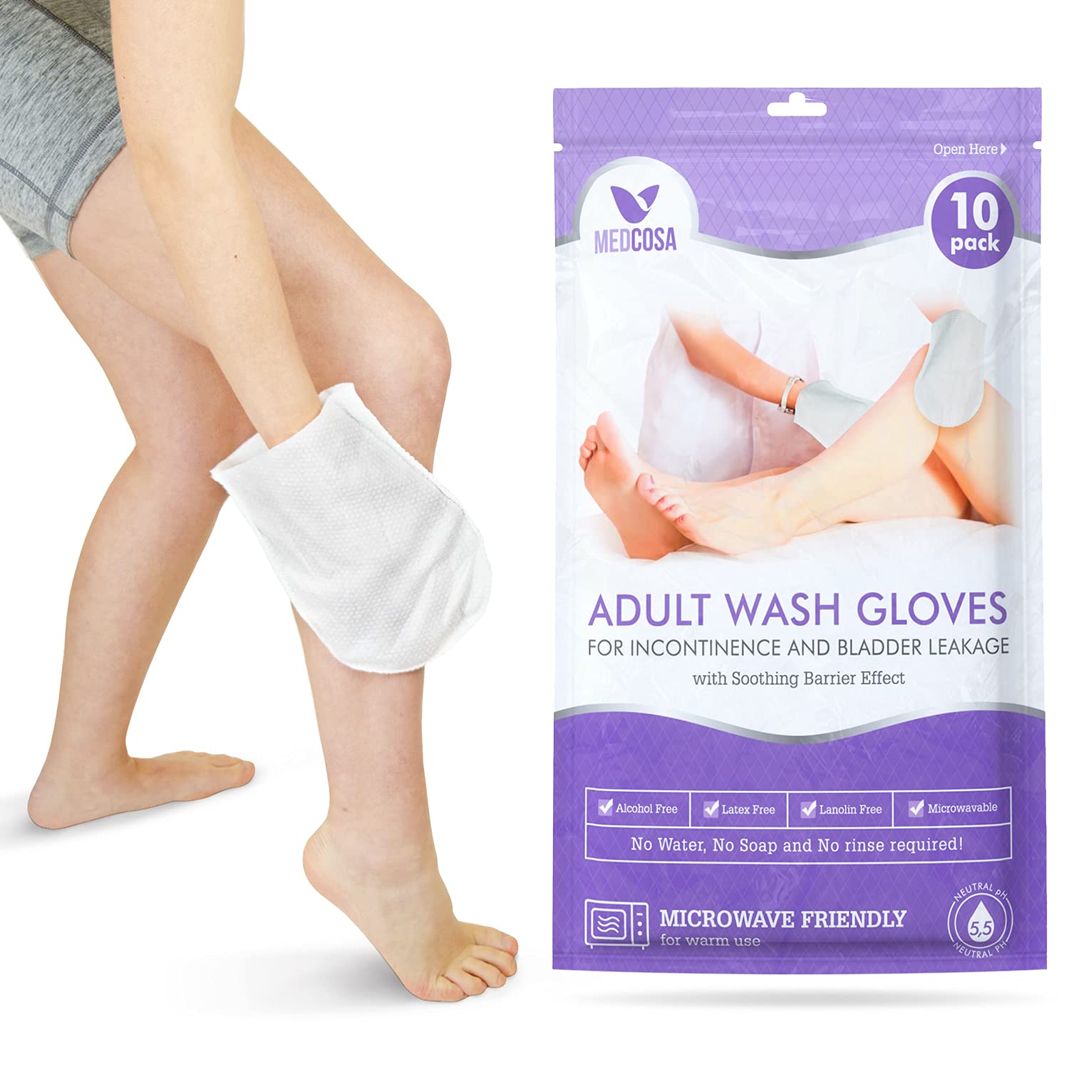 Medcosa Adult Washcloths - Unscented Disposable Body Wipes Glove Shape - 10 Pack Premoistened Wet Wipes for Travel, Camping & Elderly Care