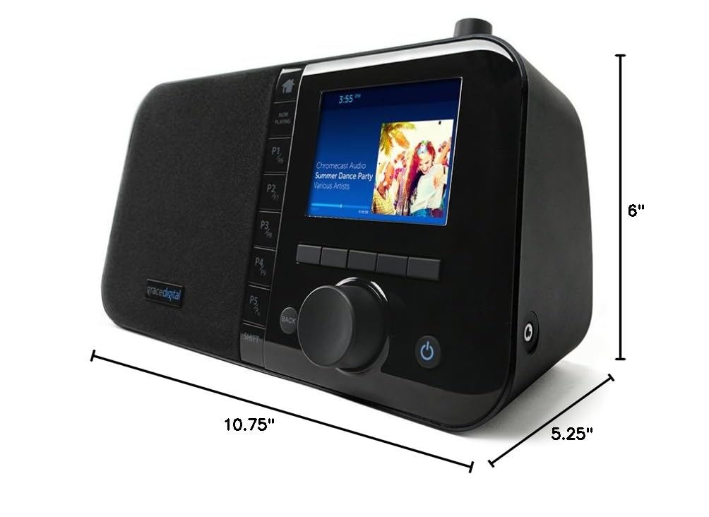 Grace Digital Mondo Elite Smart Internet Radio with Bluetooth & Wi-Fi - 7-Day Alarm Clock, No Microphone (Black) - Perfect for Bedroom, Office, and Kitchen Use
