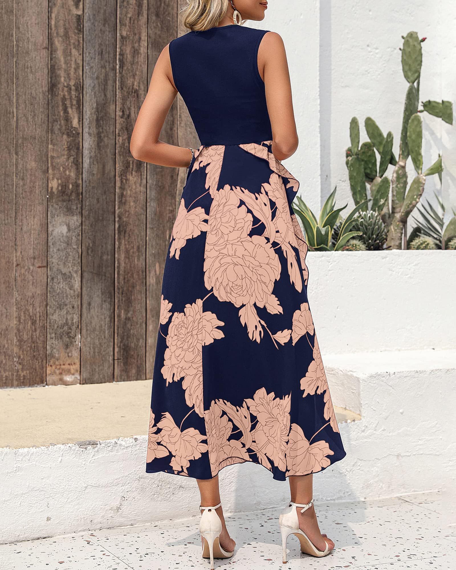 BTFBM Women's Casual Sleeveless Summer Dress 2025 - Boho Floral Patchwork Midi Dress with Ruffles for Spring, Cocktail Party & Beach Wear | Comfortable Crewneck Design for Outdoor Events & Vacation
