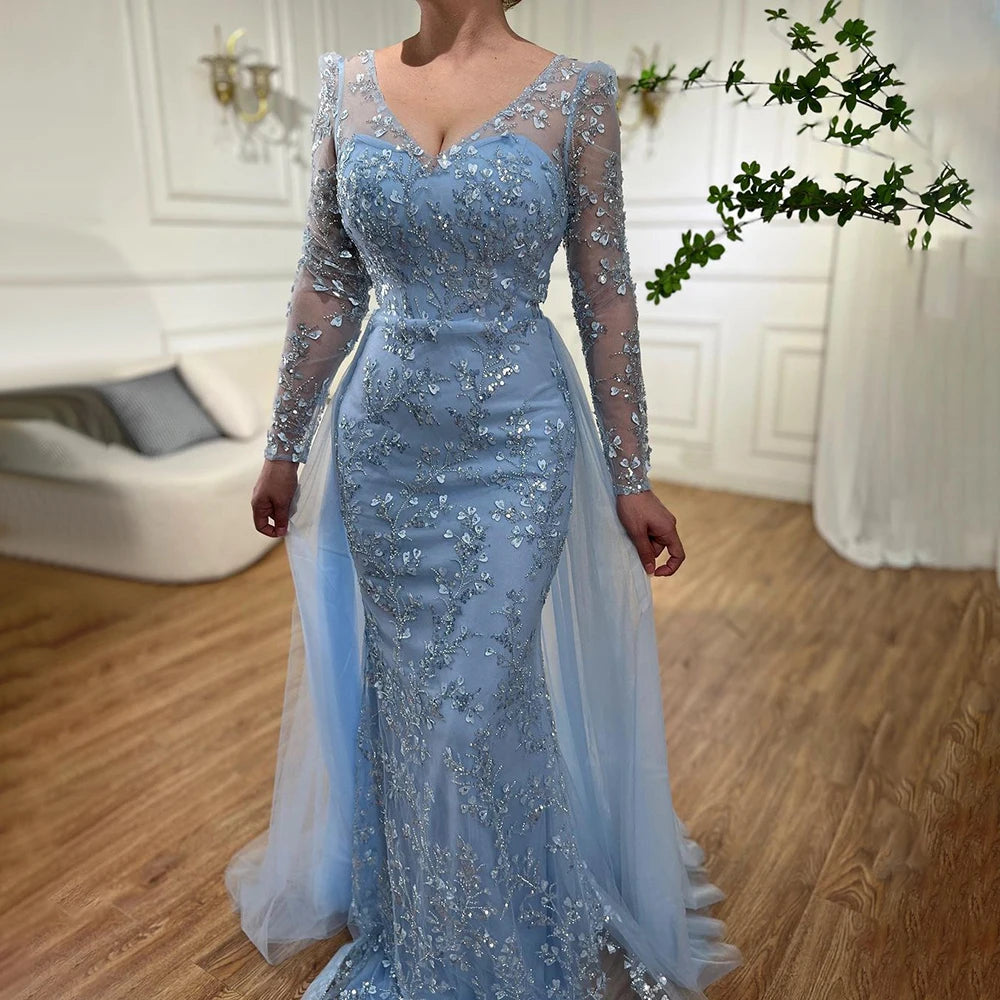 Elegant Blue Mermaid Evening Dress with Beaded Train - Luxury Arabic Wedding Gown for Women - Perfect for 2025 Bridal Party & Formal Events - Serene Hill Collection LA71851