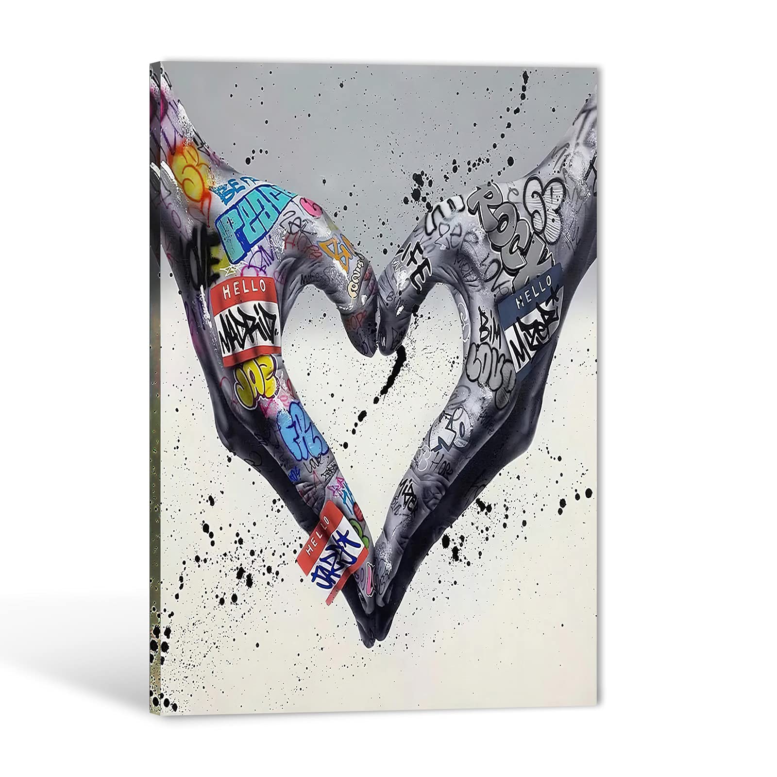 Banksy Graffiti Canvas Wall Art - Modern Street Art Print 12”x18” - Colorful Heart Gesture Painting for Bedroom & Living Room Decor - Ready to Hang Urban Home Wall Decor