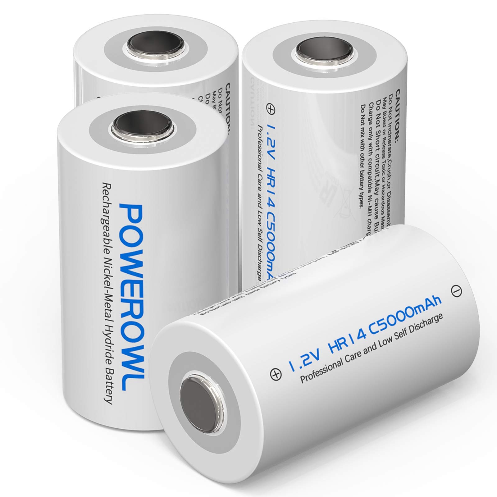 POWEROWL Rechargeable C Batteries 5000mAh NiMH - 4 Pack Low Self Discharge C-Cell Batteries for Flashlights, Toys, Radios & Emergency Devices