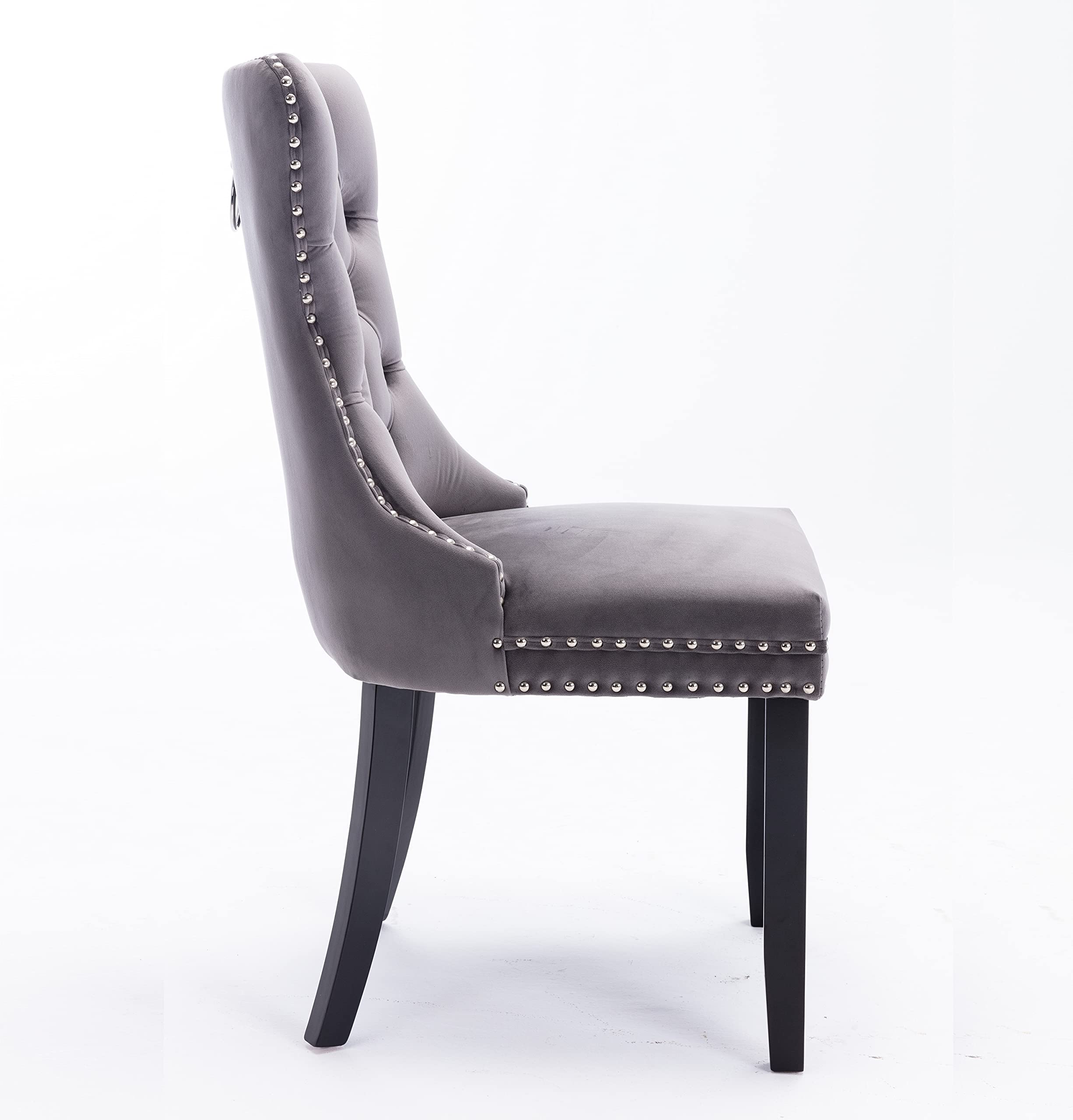 Luxury Velvet Dining Chairs Set of 2 - Elegant Tufted Upholstered Accent Chairs with Nailhead Trim & Ring Pull Design, Dark Grey - Perfect for Dining Room, Living Room or Home Office Decor
