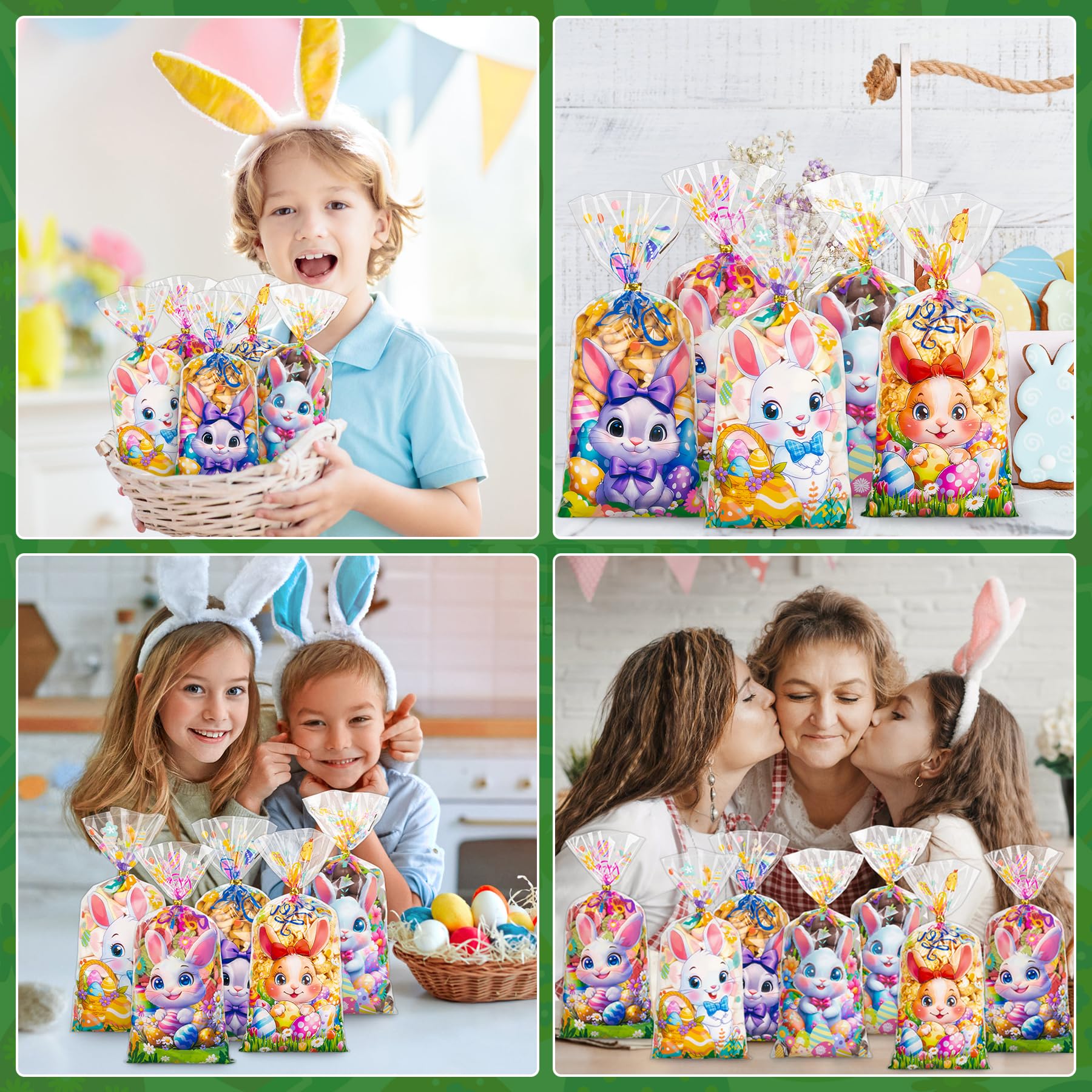 100 PCS Easter Treat Bags with 120 Twist Ties - 5 Styles Colorful Cellophane Candy Bags for Kids Party Favors, Easter Egg Hunt Supplies & Holiday Gift Wrapping - Durable Goodie Bags for Classroom Treats, Birthday Parties & Festive Celebrations
