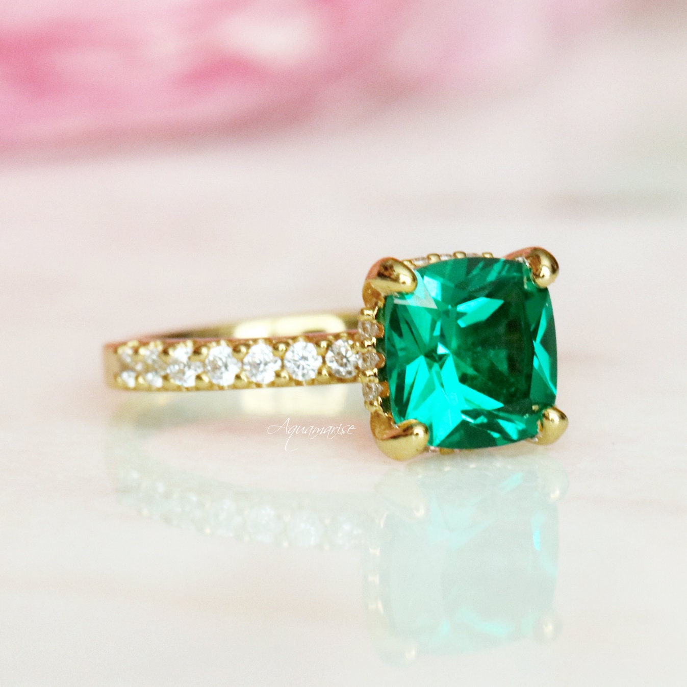 Emerald Hidden Halo Engagement Ring - 18K Yellow Gold Vermeil Wedding Band for Women, Perfect for Proposals, Anniversaries & Special Occasions