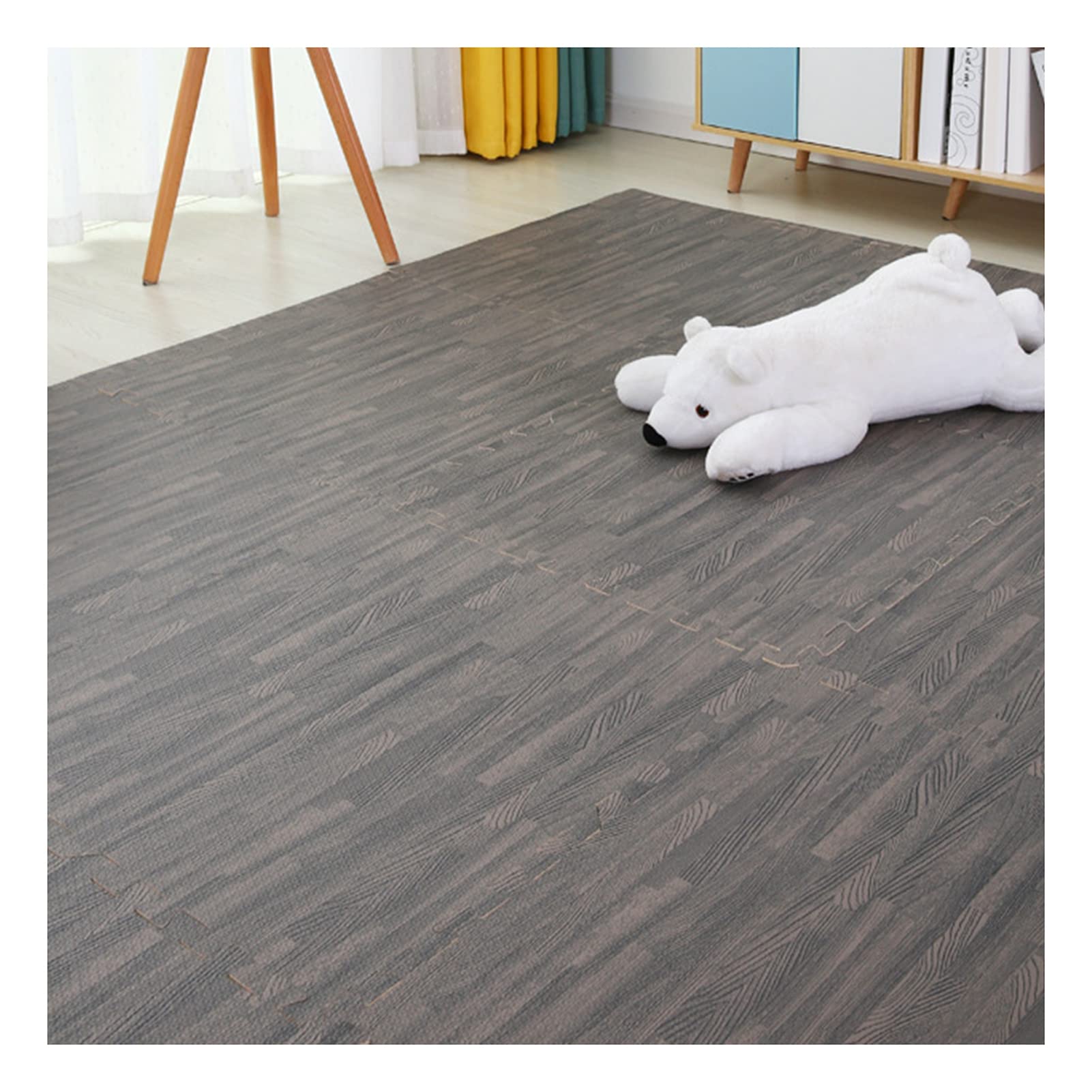 16-Piece Interlocking Foam Floor Mats - Wood Grain Design, Non-Slip Puzzle Play Mat with Edge Trim (60x60x1.2cm, Grey) - Perfect for Kids Playroom, Nursery, Gym & Home Office Floor Protection