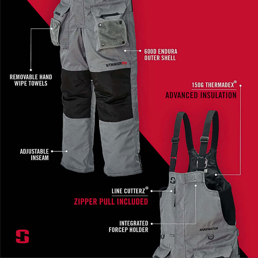 Striker Men's Hardwater Durable Windproof Water-Resistant Ice Fishing Bib Pants with Sureflote Flotation Technology - Winter Fishing Gear for Cold Weather & Outdoor Adventures