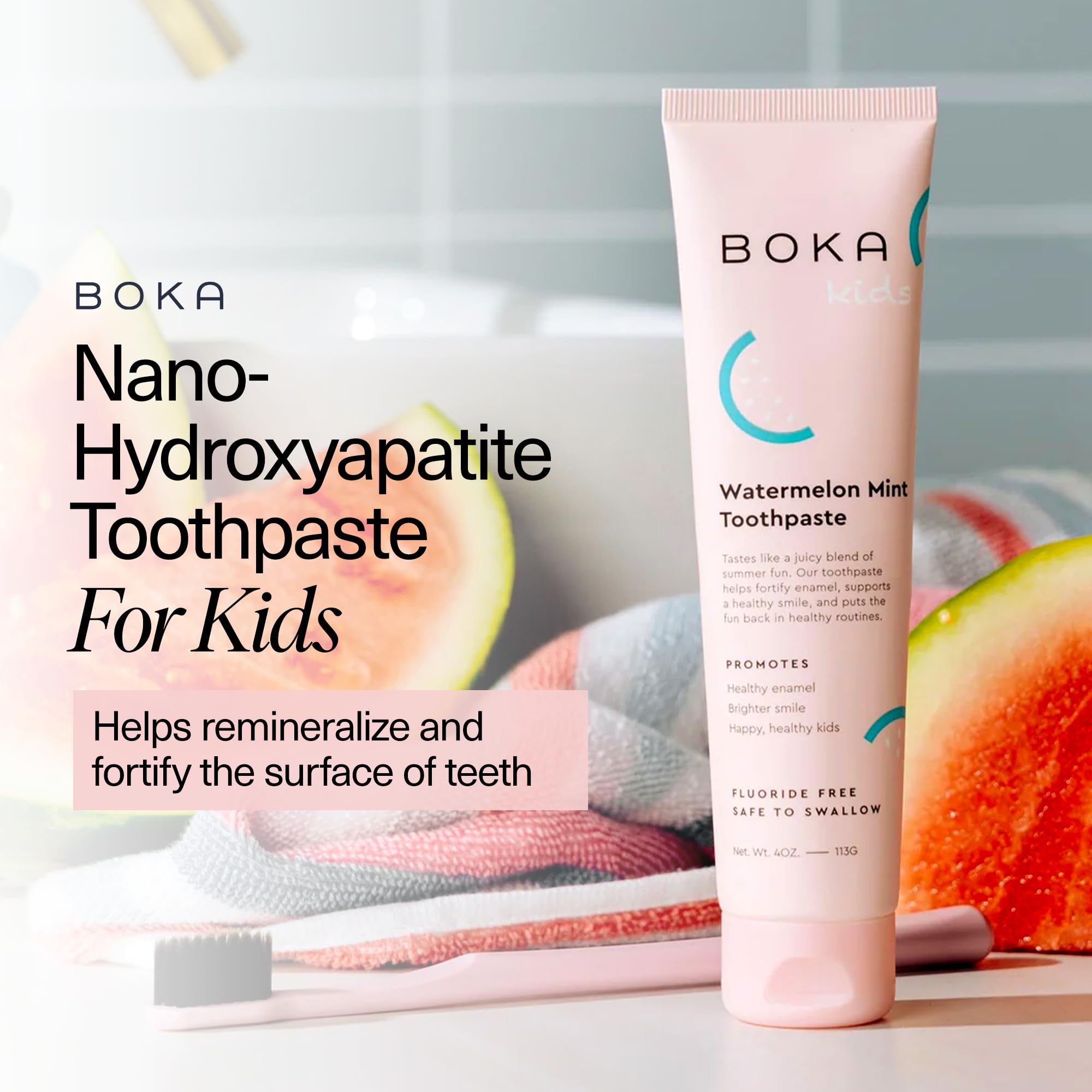Boka Fluoride Free Toothpaste with Nano Hydroxyapatite - Sensitive Teeth Whitening & Remineralizing Toothpaste for Adults & Kids - Natural Watermelon Mint Flavor, 4oz (US Made) - Perfect for Daily Oral Care & Teeth Whitening Routine
