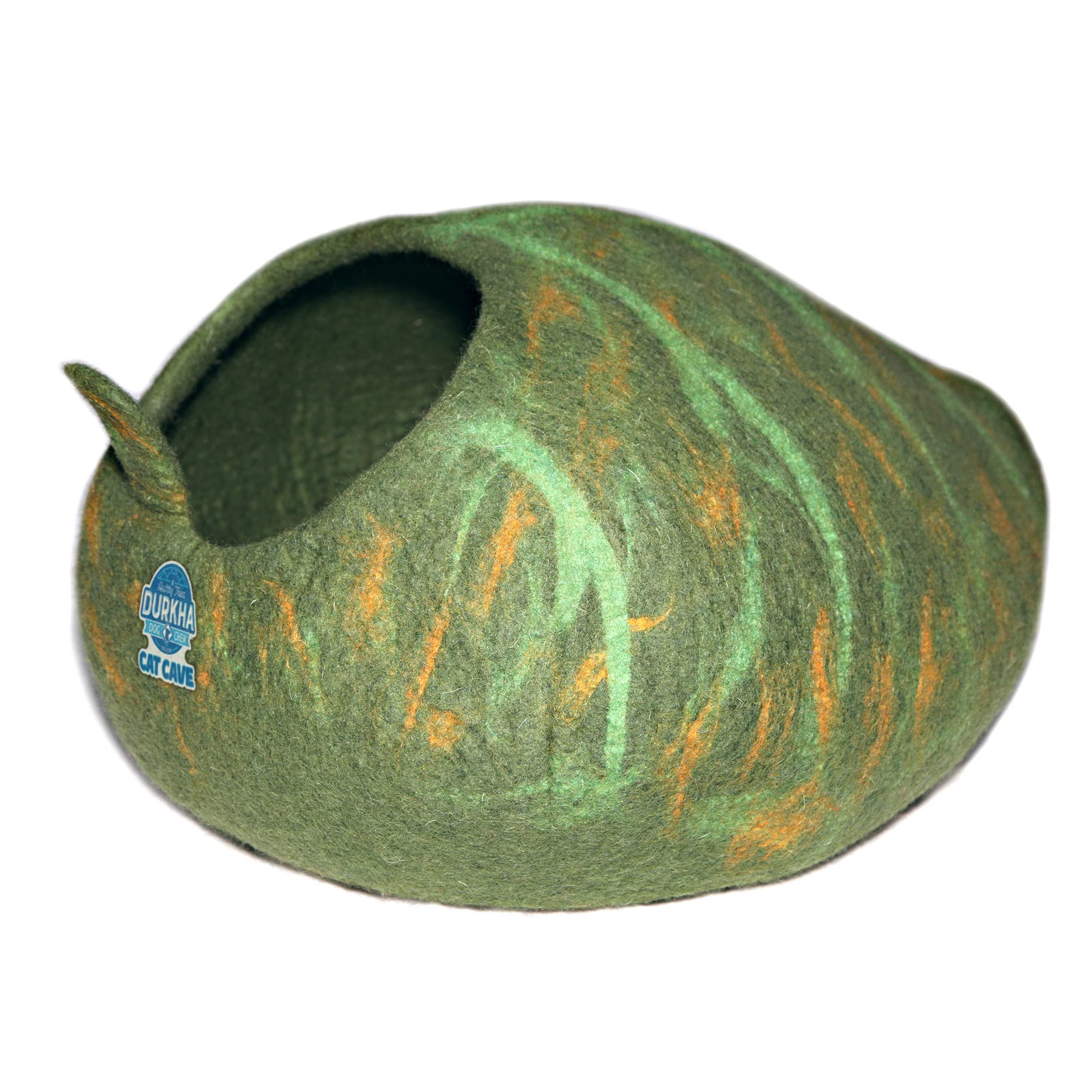 Cozy Felt Cat Cave Bed - Handmade Wooly Covered Cat Bed for Indoor Cats, Dome Shaped Cat Pod with Dark & Light Green Pattern | Perfect for Napping, Hideaway & Warm Shelter for Kittens