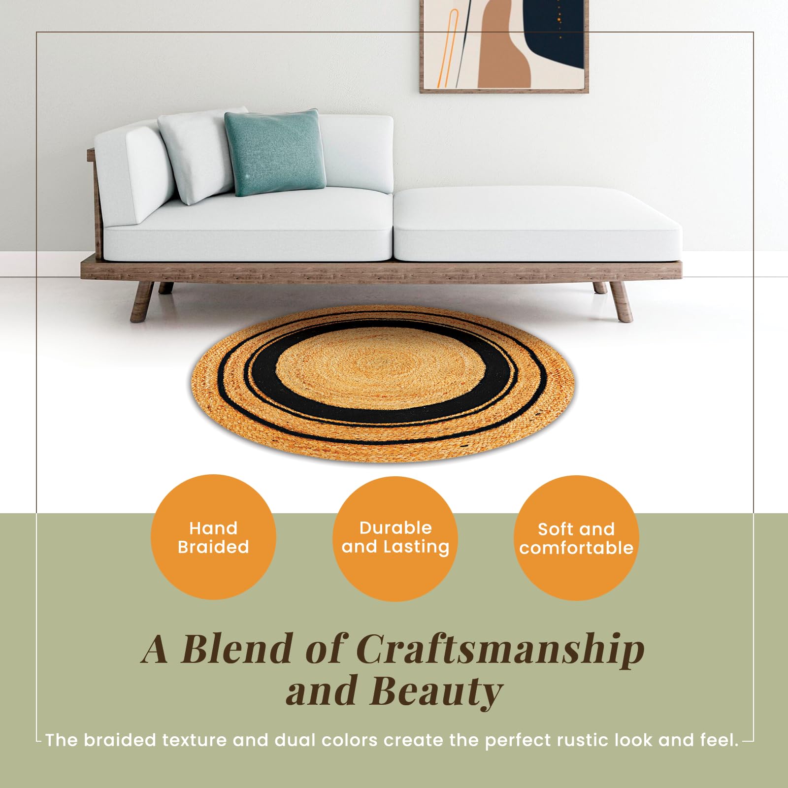 Tepo 3 ft Round Jute Rug - 100% Natural Braided Handwoven Area Rug for Kitchen, Living Room, Bedroom - Rustic Beige Home Decor | Perfect for Boho, Farmhouse & Coastal Style Interiors