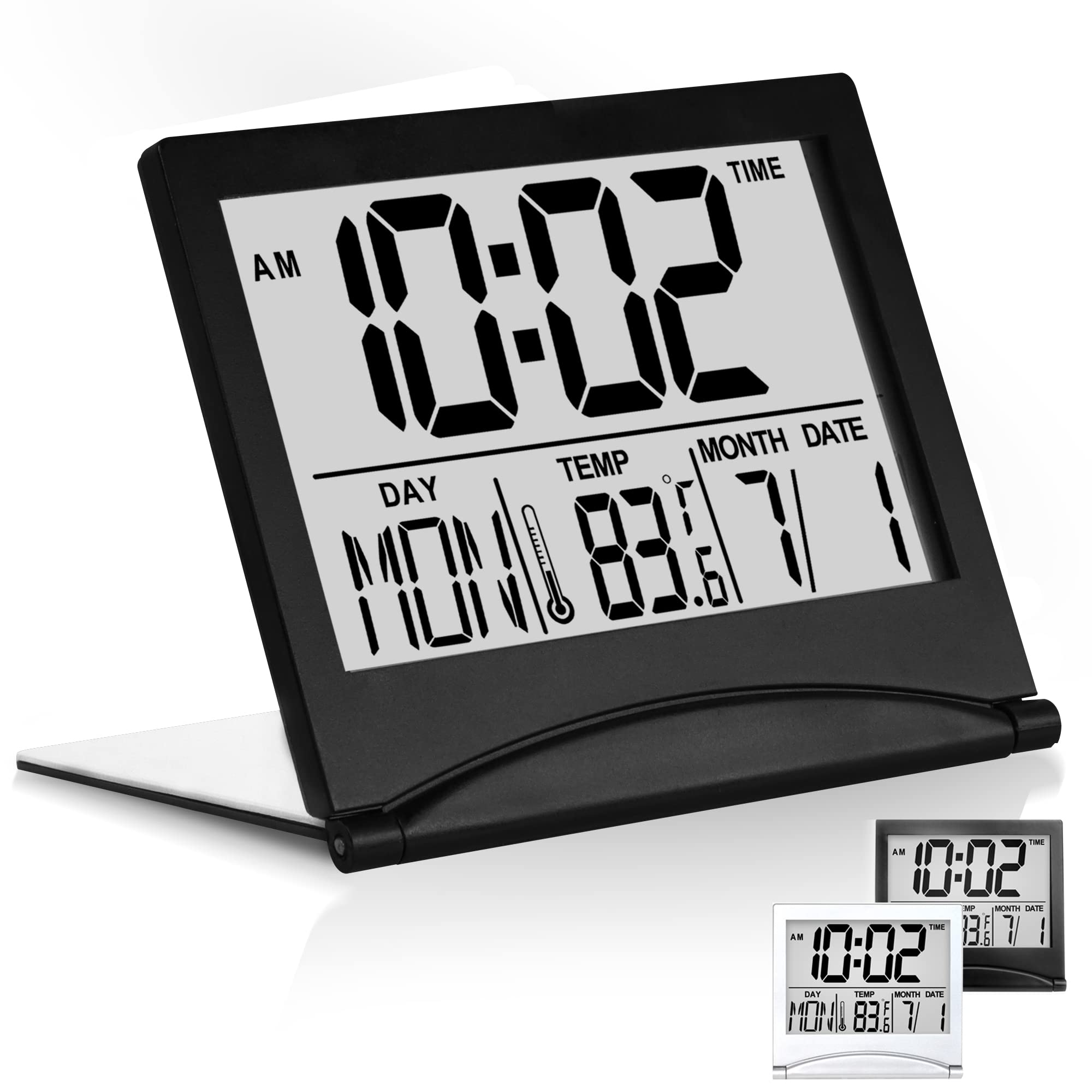 Betus Digital Travel Alarm Clock - Foldable LCD Desk Clock with Calendar, Temperature & Timer, Snooze Mode - Large Display Battery Operated Compact Clock for Home, Office, Travel (Black) - Perfect for Bedrooms, Dorms, Nightstands & Luggage