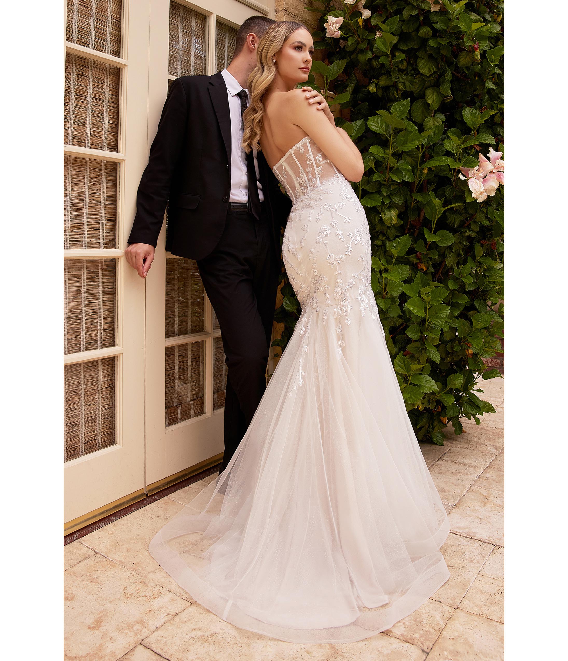 Ladivine by Cinderella Divine French White Floral Embellished Mermaid Wedding Dress - Elegant Bridal Gown for Beach Weddings, Evening Galas & Formal Occasions