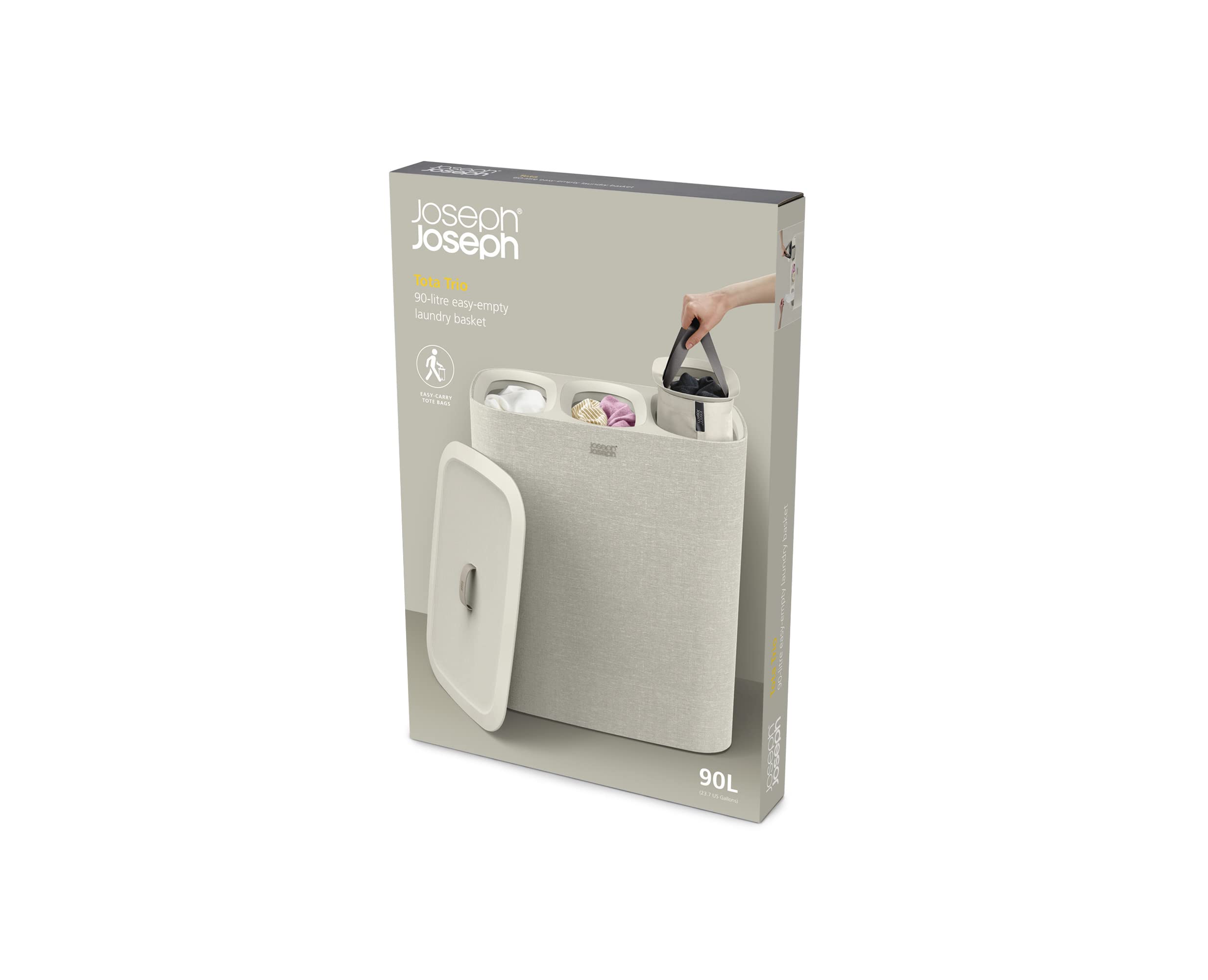 Joseph Joseph Tota - 90L Laundry Hamper with Lid, 3 Removable Wash Bags & Handles, Ecru - Perfect for Bedroom, Bathroom & Laundry Room Organization