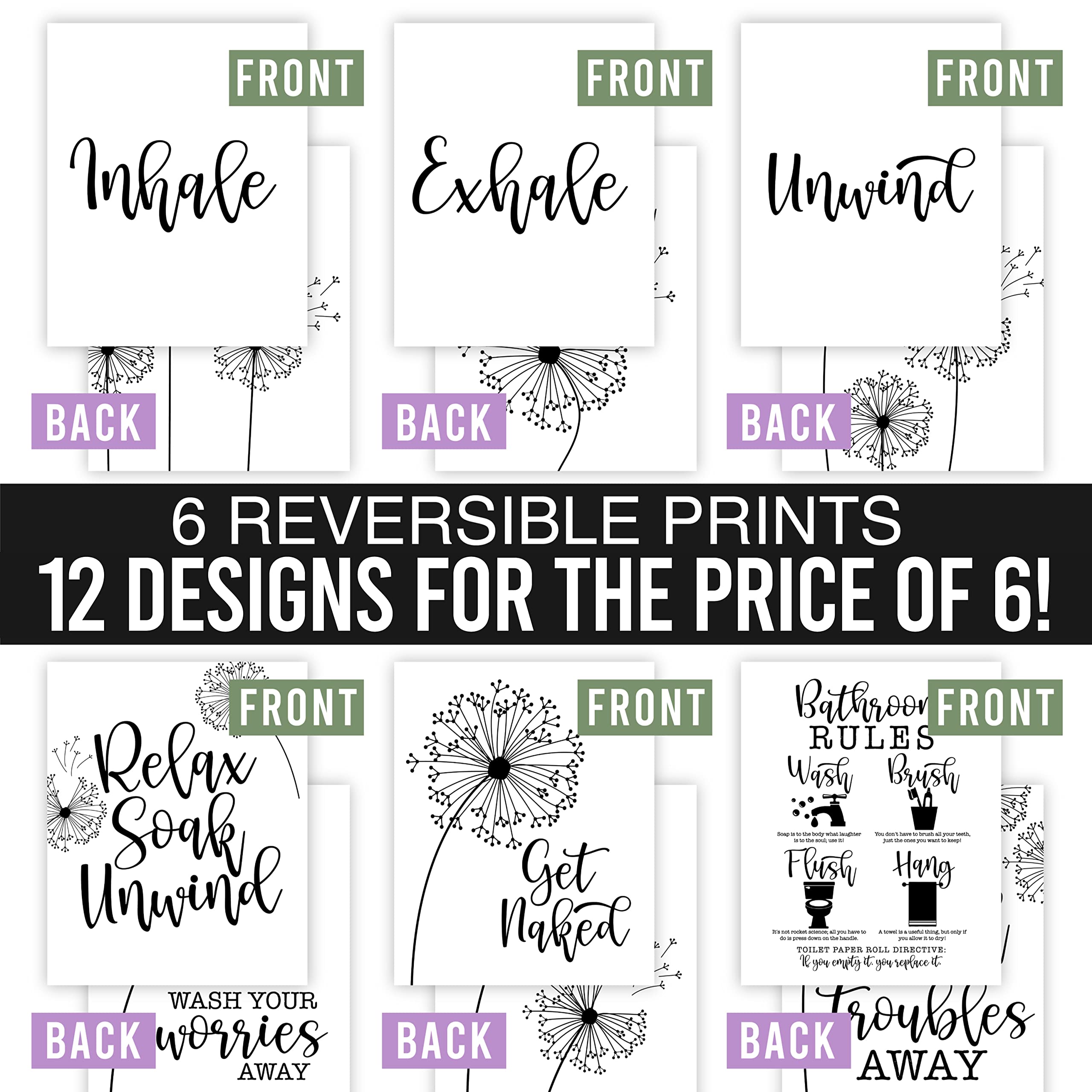 Hadley Designs 6-Piece Reversible Dandelion Wall Art Set - 8x10 Farmhouse Bathroom Decor with Relaxing Signs & Bathroom Rules - Perfect for Spa-Like Bathrooms, Guest Suites & Cozy Powder Rooms