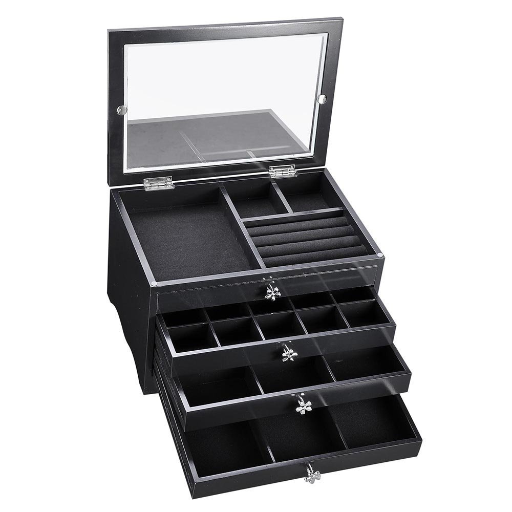 CHIMAERA 6-Compartment Wooden Jewelry Box Organizer with Clear Lid - Black - Perfect for Necklace, Ring & Earring Storage | Great Gift for Women | Bedroom Dresser & Travel Jewelry Case