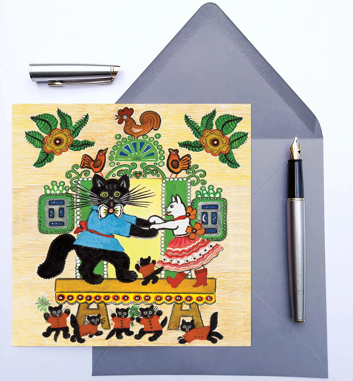 Handmade Dancing Cats Greeting Card - Unique Kapelki Art Design for Birthdays, Anniversaries & Special Occasions