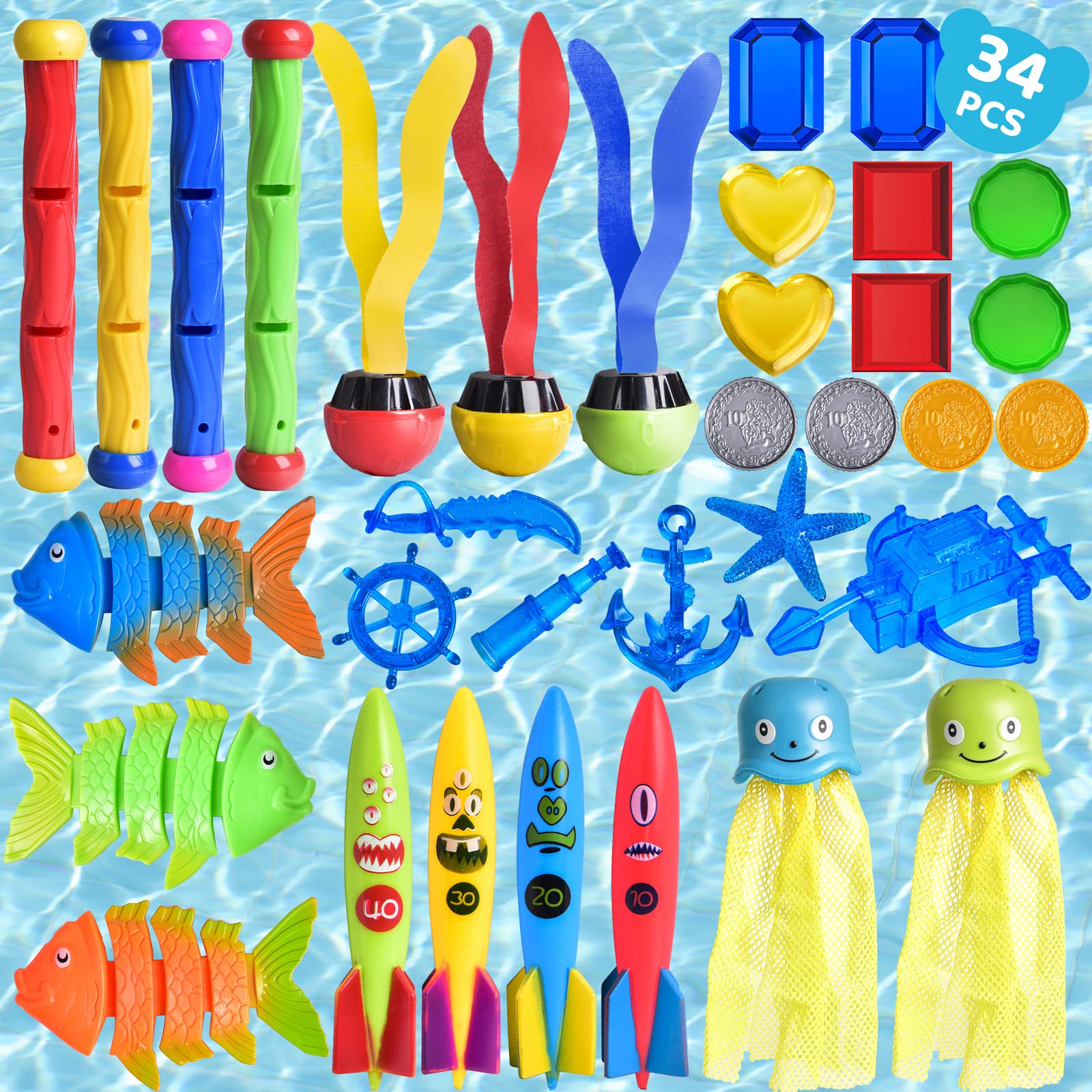 34PCS Fun Diving Pool Toys for Kids & Adults - Swimming Pool Accessories, Toddler Water Games, Outdoor Summer Swim Toys for Family Pool Parties & Beach Activities