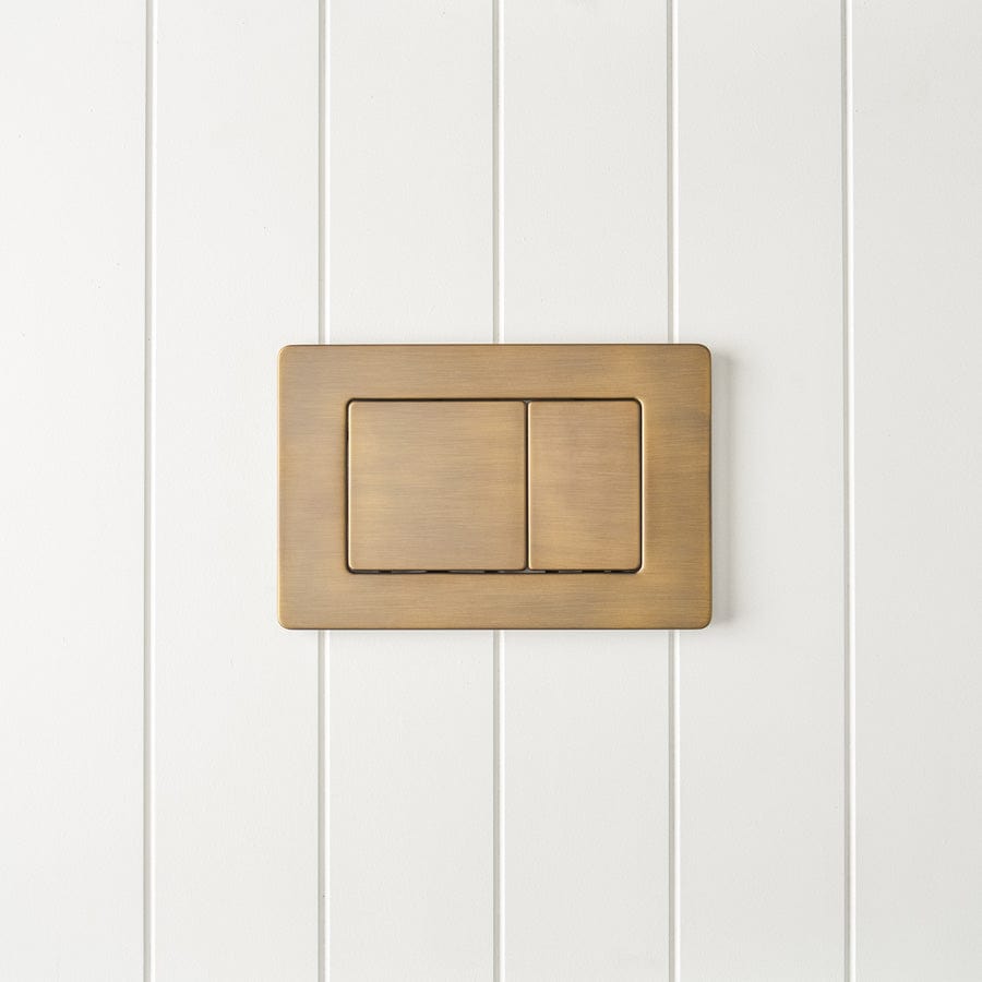 Elegant Curved In-Wall Toilet with Rectangle Antique Brass Buttons - Perfect for Modern Bathrooms, Luxury Homes & Space-Saving Designs