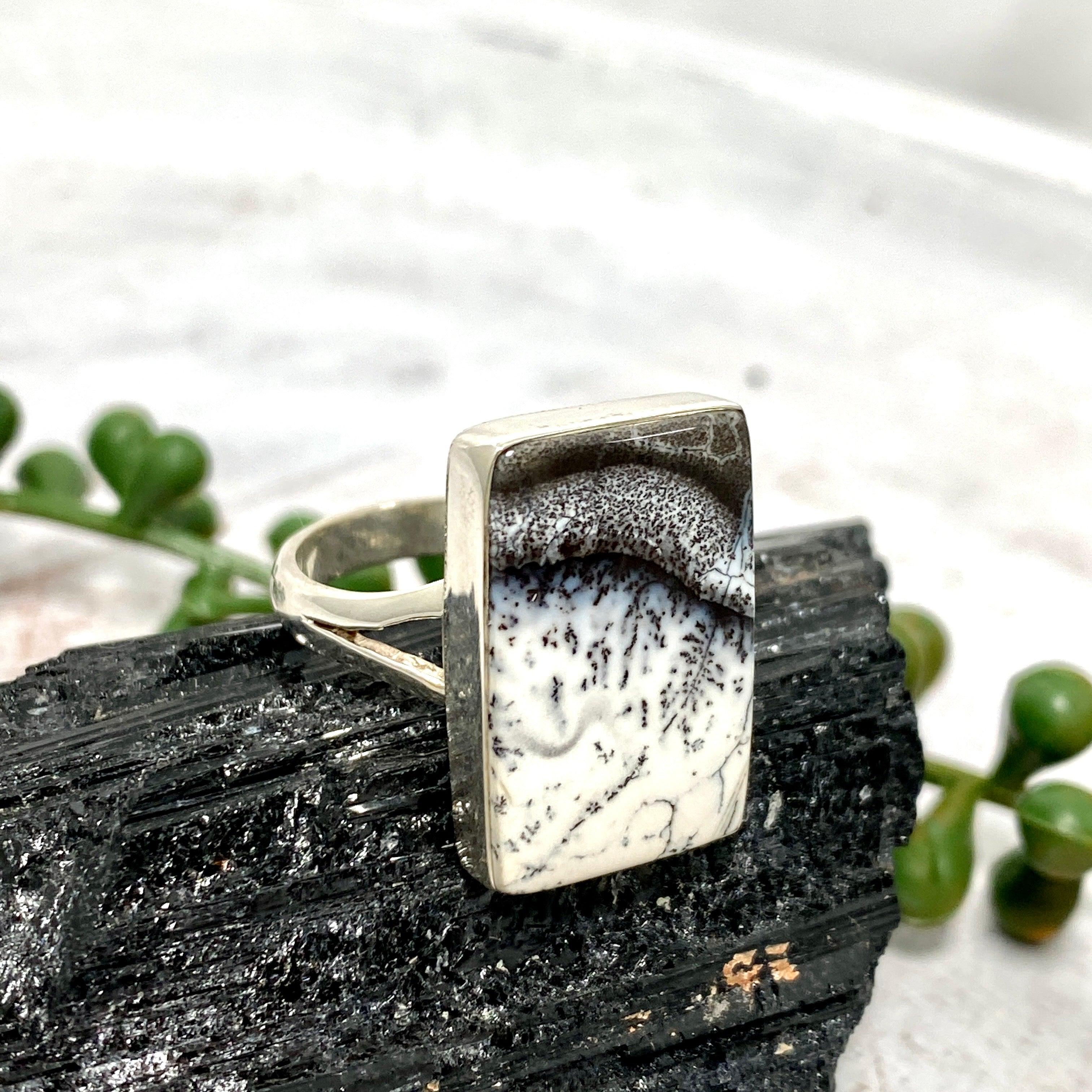Dendritic Opal Rectangular Ring for Women - Size 10 - KRGJ2294 - Elegant Silver Jewelry for Everyday Wear, Special Occasions & Gift Giving