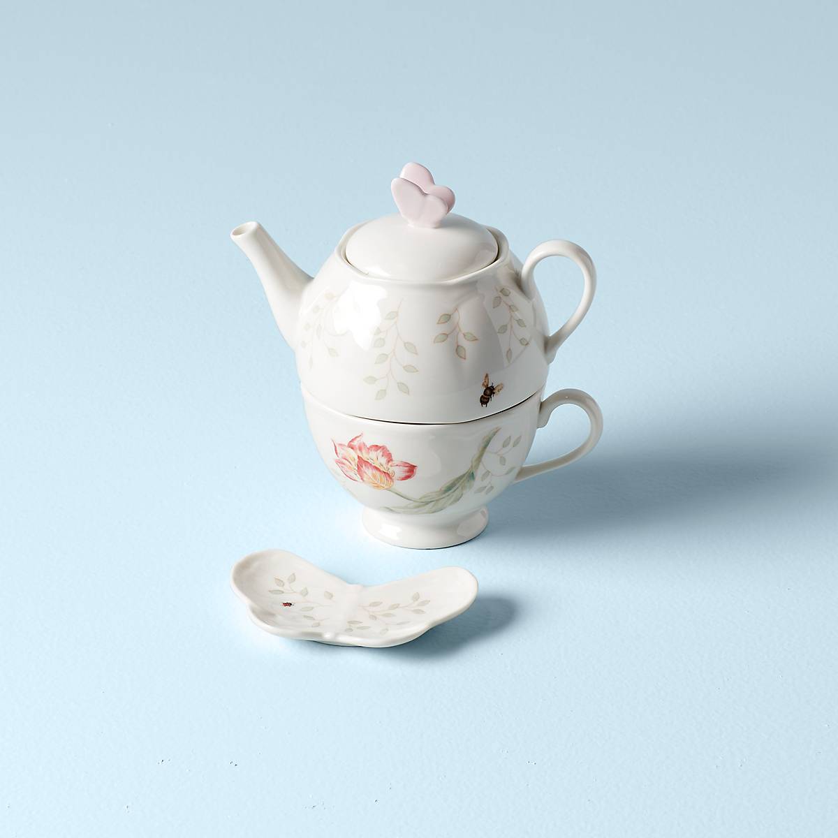 Butterfly Meadow 3-Piece Porcelain Tea Set - Floral Tea Cups with Saucers & Teapot for Afternoon Tea, Garden Parties & Home Decor