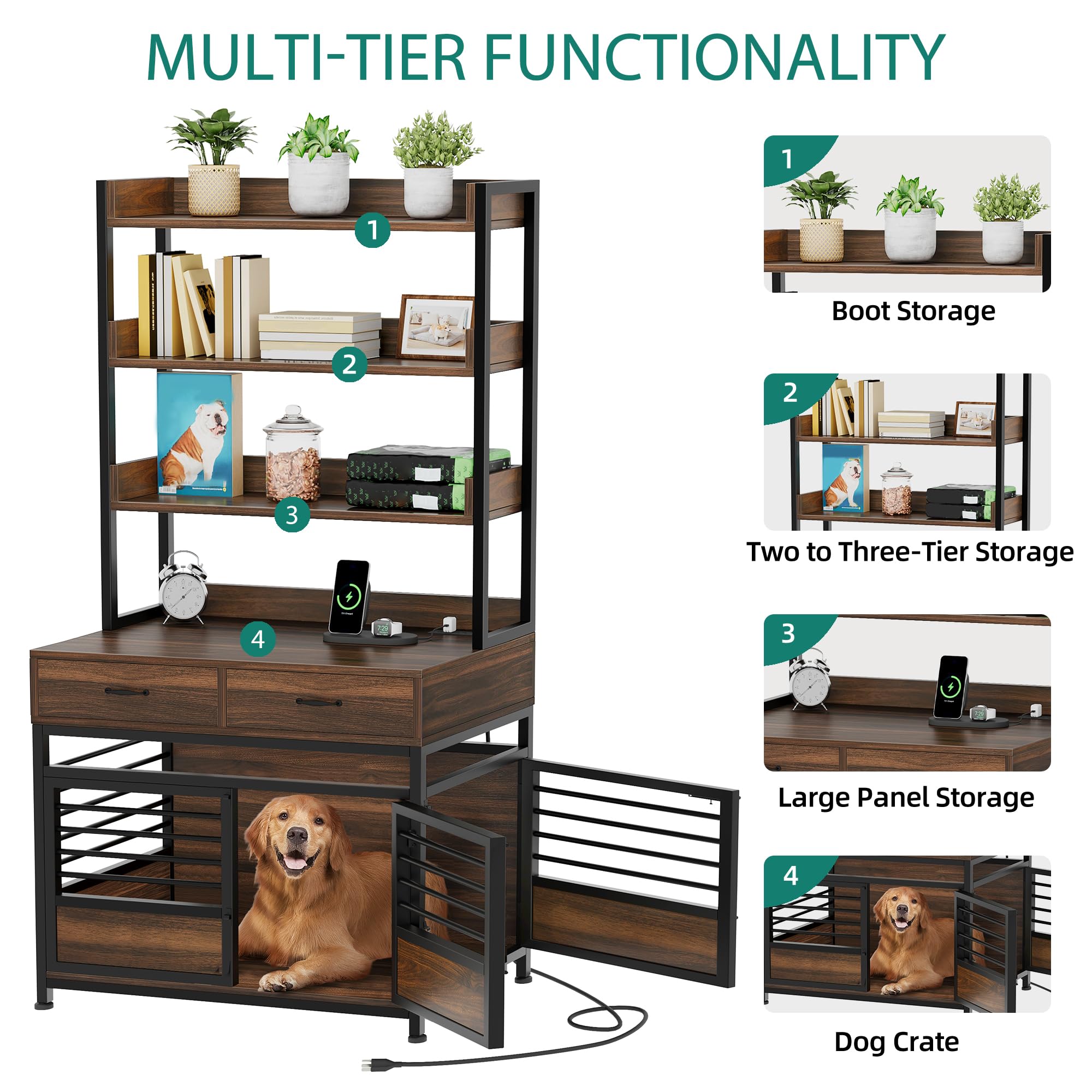 YITAHOME 39 Inch Wooden Dog Crate Furniture with Storage Shelves & Power Outlets - Large Dog Kennel Indoor with Double Doors & Drawers - Rustic Brown Farmhouse Style Pet Cage for Living Room, Bedroom & Home Decor