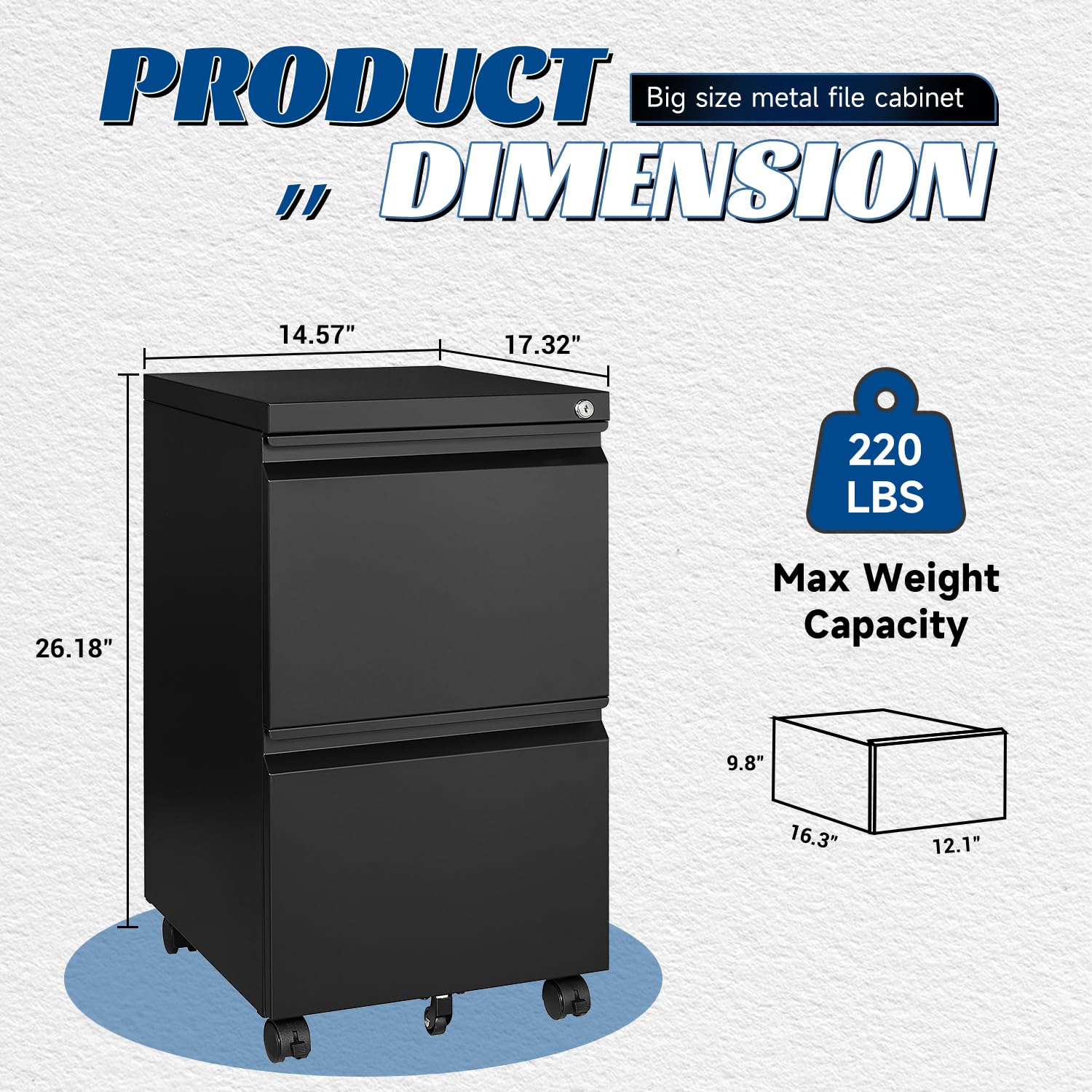 2-Drawer Vertical File Cabinet - Fully Assembled Black Under Desk Mobile Filing Cabinet with Lock for Home Office (A4/Letter/Legal Size) | Space-Saving Storage Solution for Documents, Files & Office Supplies