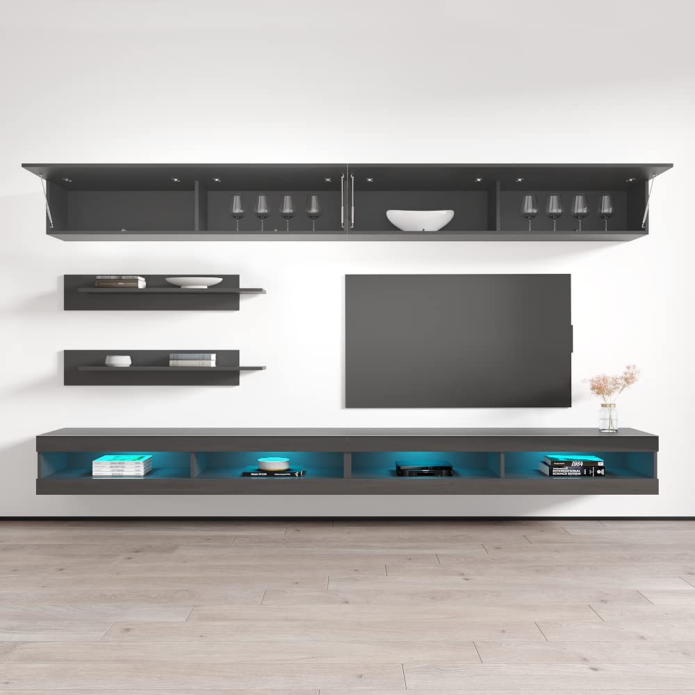 Modern Gray Floating TV Stand with Storage & LED Lights - Wall-Mounted Entertainment Center for Living Room & Bedroom - 34