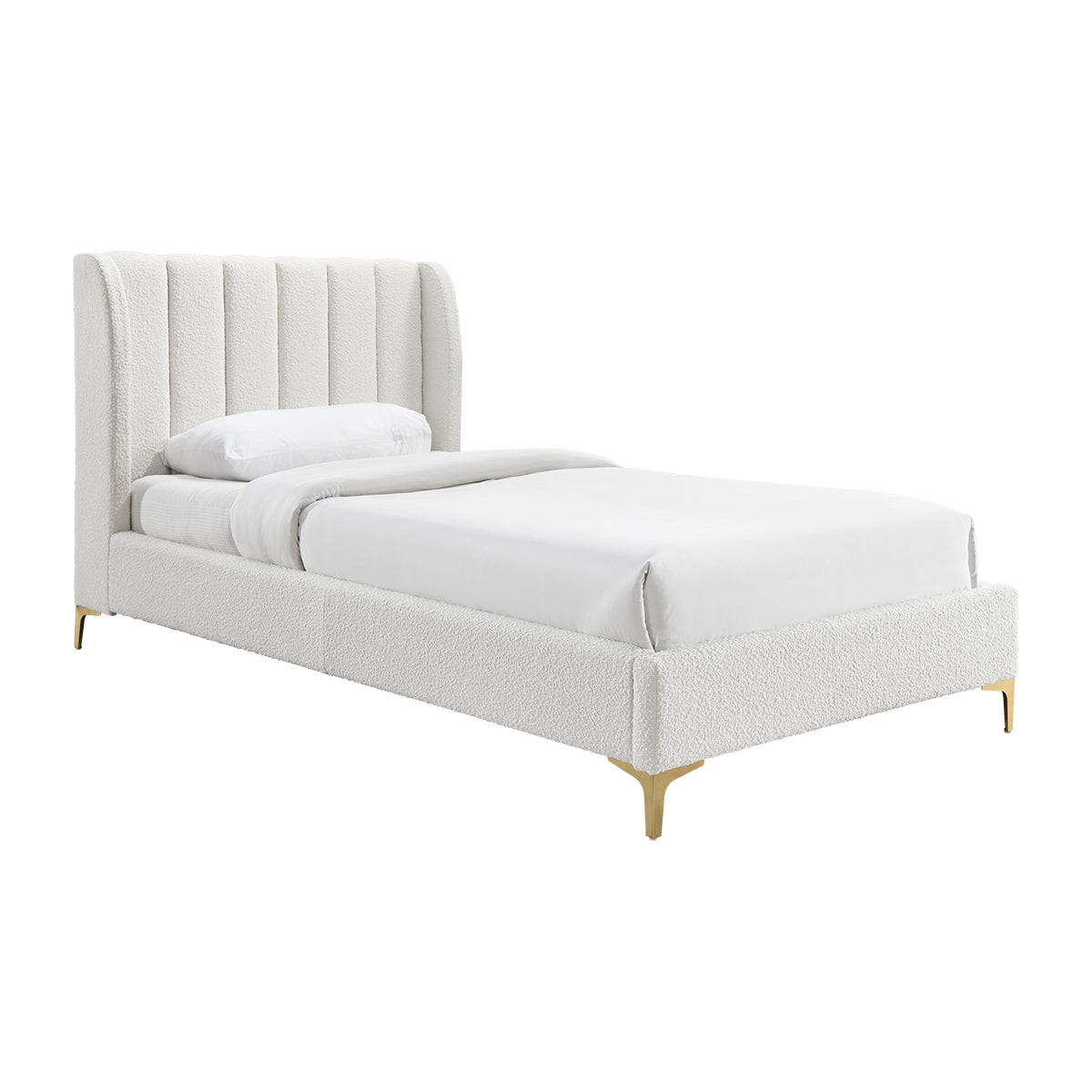 Georgia Boucle Fabric King Single Bed Frame - White Upholstered Headboard, Modern & Cozy for Small Spaces - Perfect for Apartments, Guest Rooms & Dormitories