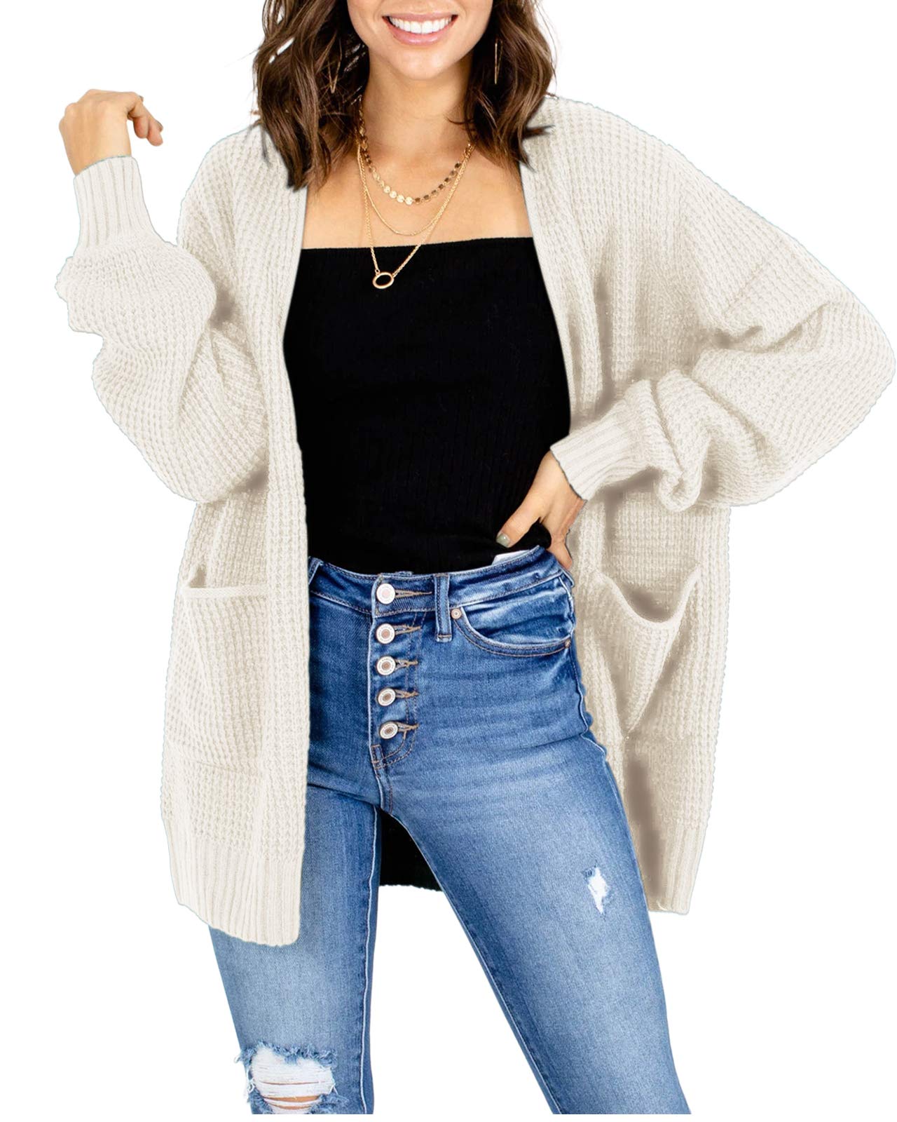 Misassy Women's Open Front Waffle Knit Cardigan - Long Sleeve Lightweight Oversized Sweater with Pockets | Casual Loungewear, Office Wear & Fall Layering Essential