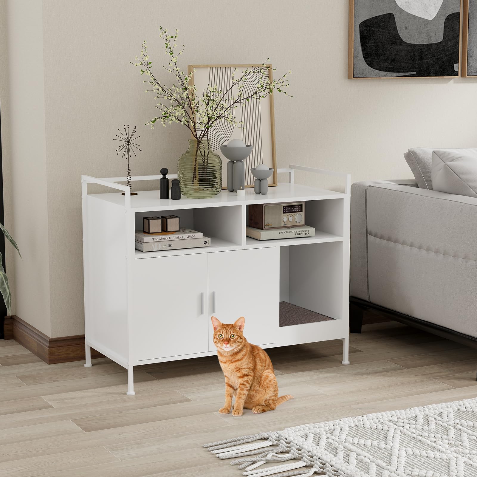 YUSING Cat Litter Box Enclosure Furniture - Hidden Large Cat Washroom Storage Cabinet with Double Doors & Open Shelf - White for Bedroom & Living Room | Perfect for Small Spaces & Multi-Cat Homes