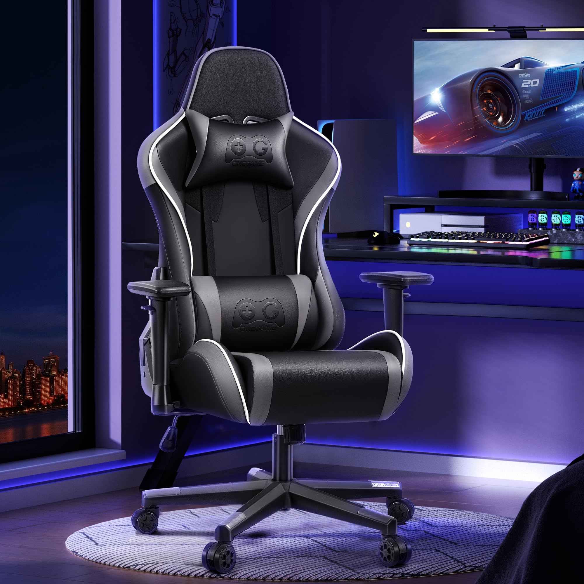 OneGame Ergonomic Gaming Chair with 3D Armrests & Lumbar Support - Adjustable High Back Office Desk Chair for PC Gamers (Black/Gray) - Perfect for Esports, Streaming & Home Office Workspaces