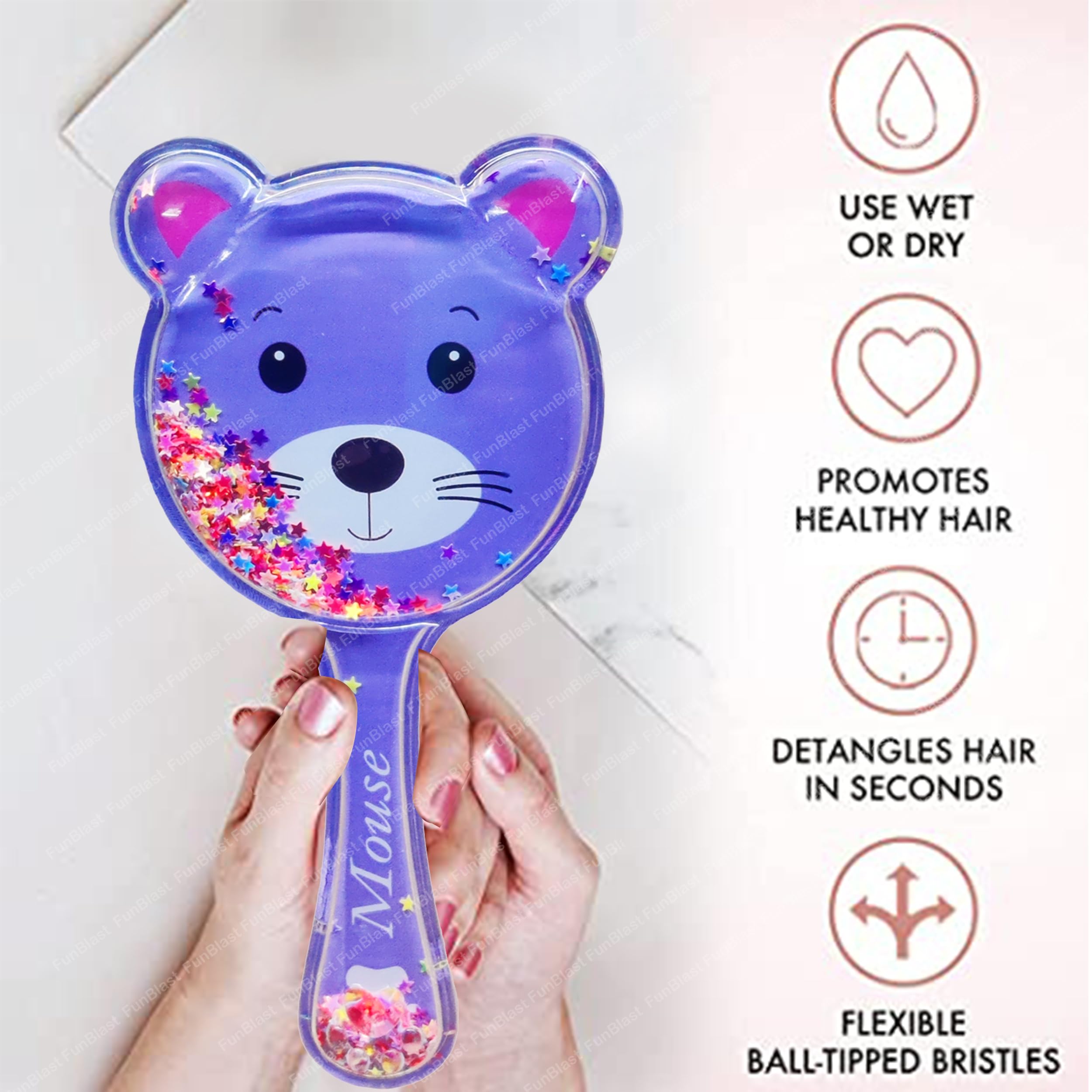 FunBlast 2-Pack Bear Shaped Hair Combs for Girls - Soft Bristle Glitter Hairbrush with Massage Tips, Cute 3D Animal Design Kids Hair Brush (Random Colors) - Perfect for School, Travel & Daily Hair Care