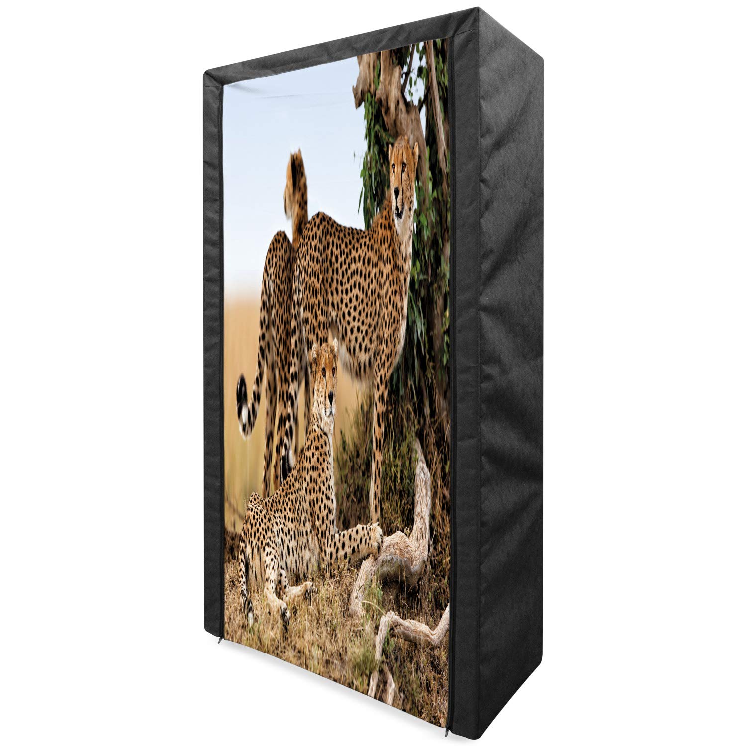 Ambesonne Africa Portable Fabric Wardrobe with Shelves - Cheetah Family Exotic Animal Print Clothing Organizer & Storage Closet, 33.5 Inches, Tan Black - Perfect for Bedroom, Closet, Dorm Room & Small Space Organization