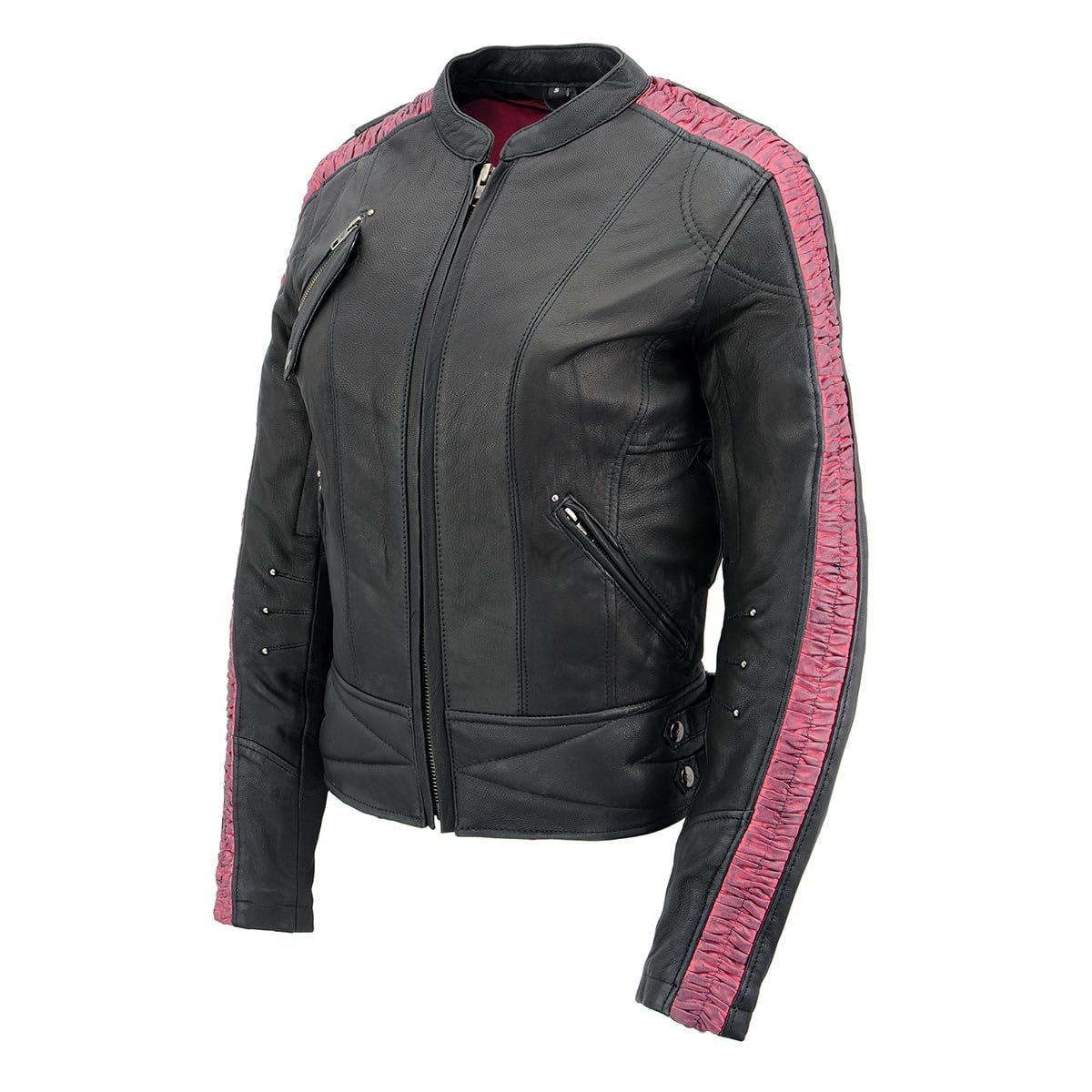 Milwaukee Leather MLL2571 Women's Black & Pink Crinkled Arm Lightweight Racer Jacket - Large Size | Stylish Motorcycle Riding Gear for Women