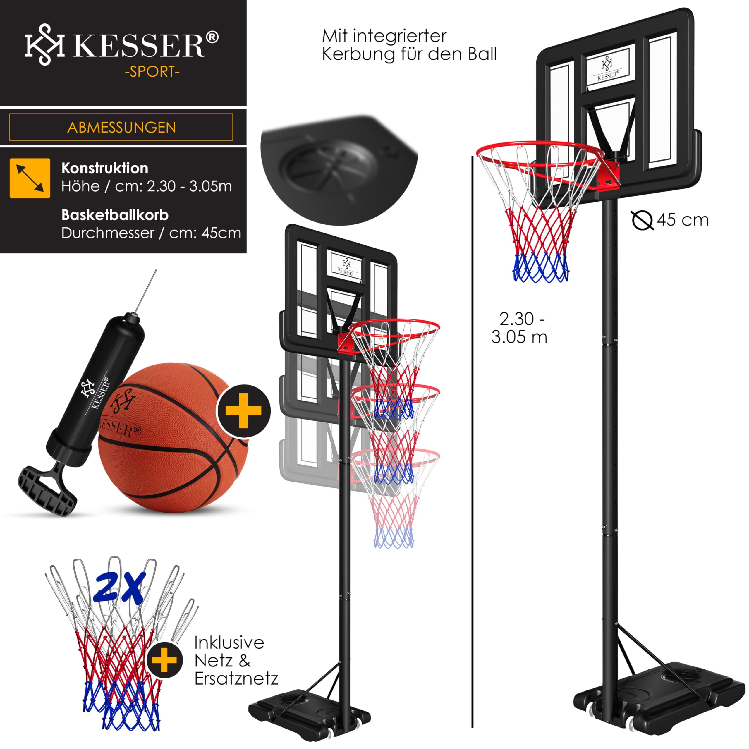 Premium KESSER® Adjustable Basketball Hoop with Stand & Wheels - 7.5ft to 10ft Height Adjustment - Includes Basketball & Air Pump - Indoor/Outdoor Basketball Goal System for Kids & Adults - Perfect for Driveway, Backyard & Gym Training