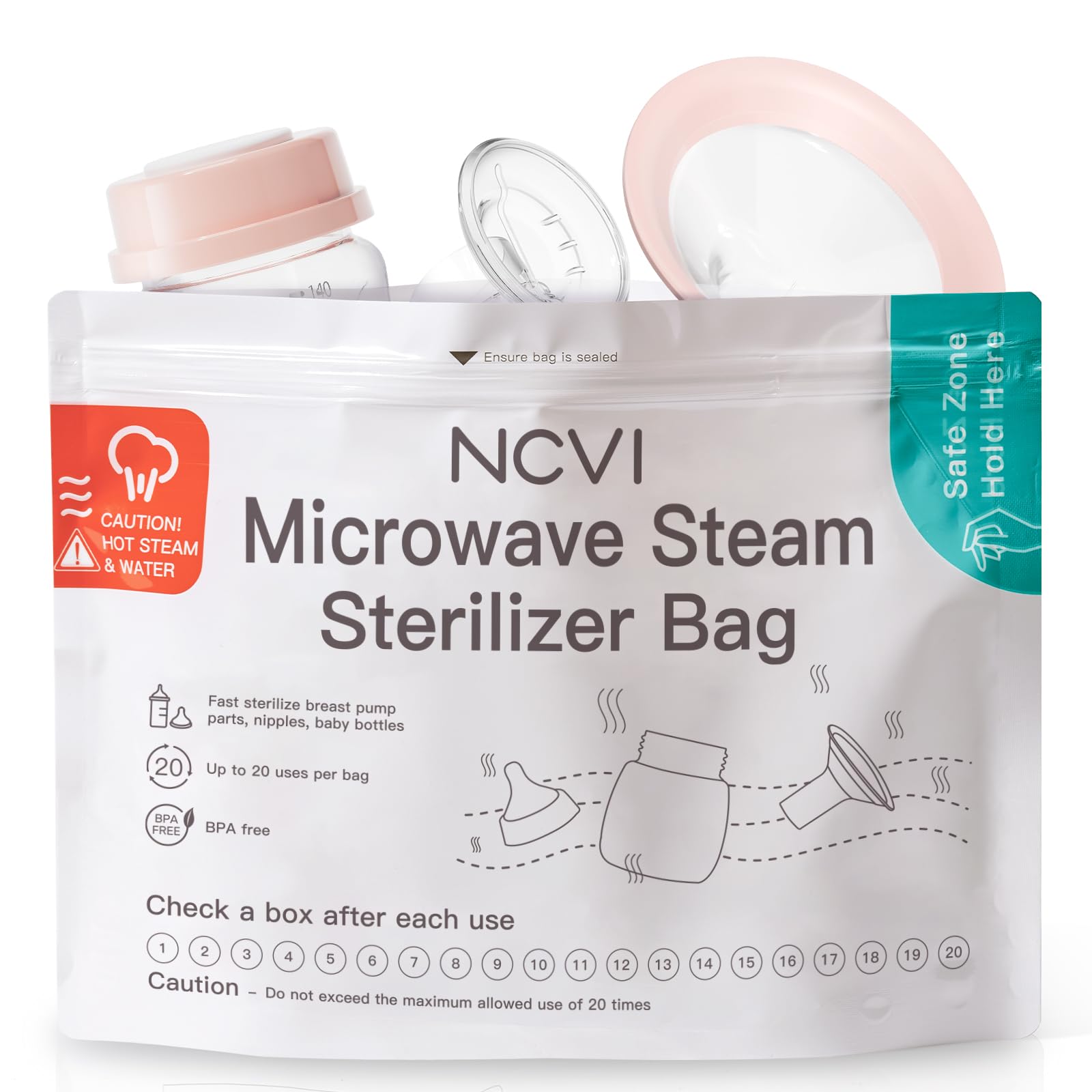 NCVI Microwave Steam Sterilizer Bags for Baby Bottles - 8 Pack (160 Uses) | Large Reusable Travel Sterilization Pouches for Baby Teethers, Pacifiers & Breast Pump Accessories | Perfect for Home, Travel & Daycare Use