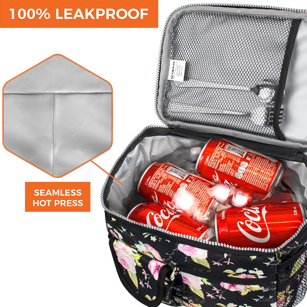 OPUX Insulated Lunch Bag for Men & Women - Leakproof Floral Black Lunch Box for Work, School & Travel - Portable Soft Cooler Bag with Shoulder Strap - Holds 14 Cans/8L - Perfect for Office, Picnics & Outdoor Activities
